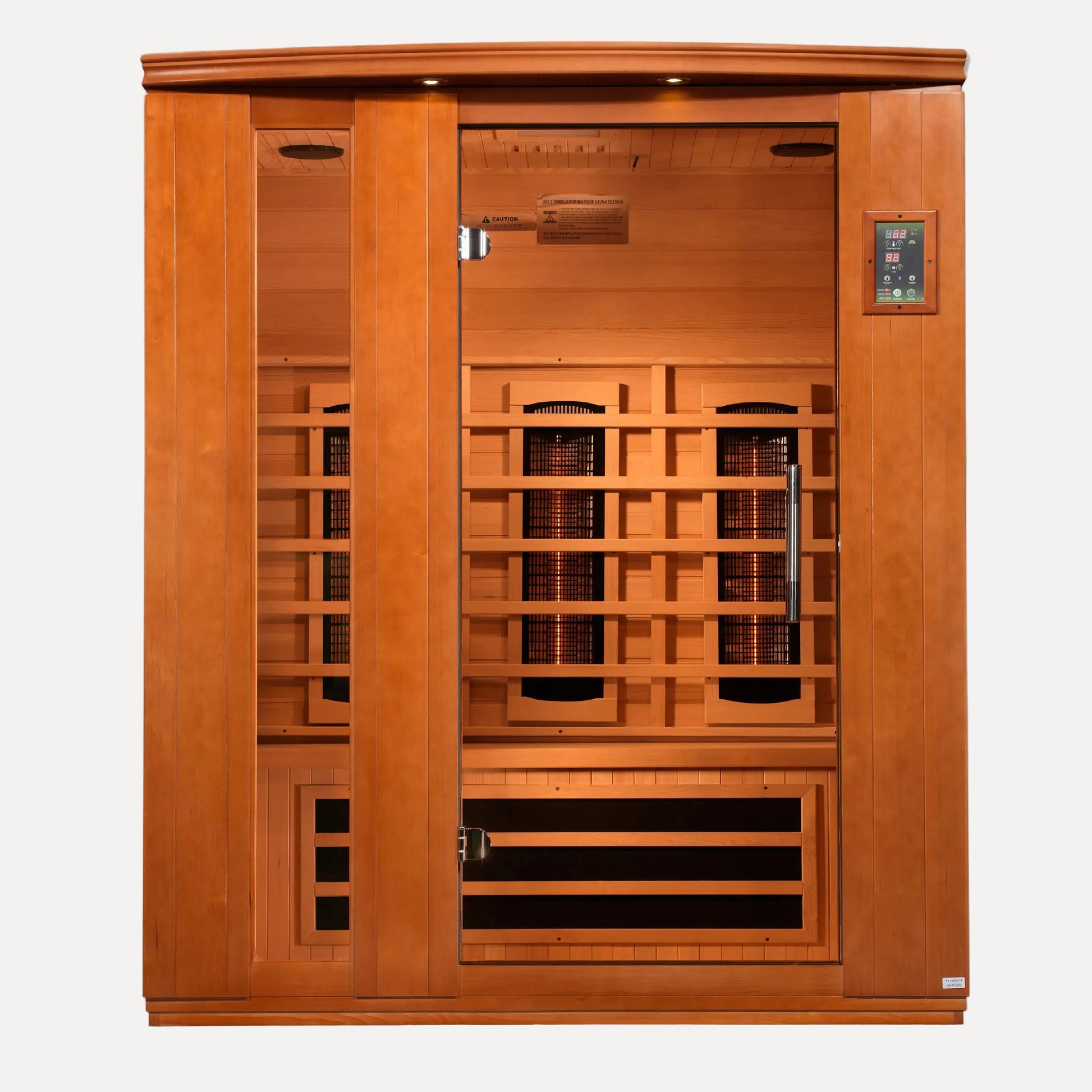 Golden Designs Dynamic Lugano 3 person full spectrum near zero EMF infrared sauna, front view on white background