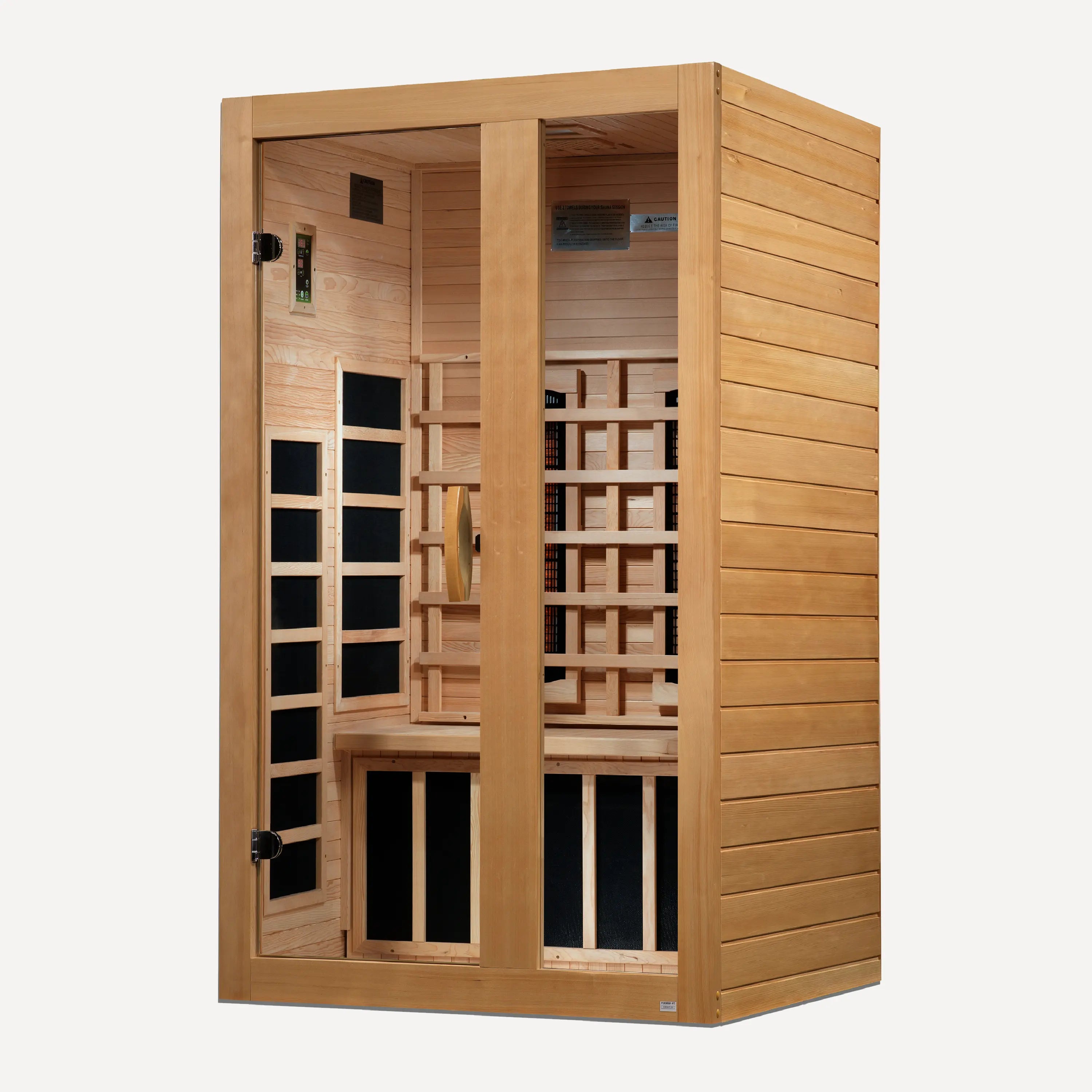 Golden Designs Dynamic Serena full spectrum near zero EMF infrared sauna shown at a front three-quarter angle