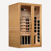 Golden Designs Dynamic Serena 2 person full spectrum near zero EMF infrared sauna, front view on white background