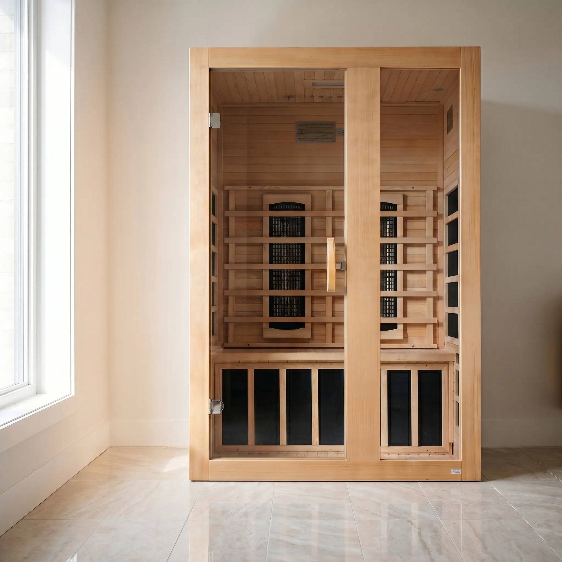 Golden Designs Dynamic Serena full spectrum near zero EMF infrared sauna styled in a modern home interior