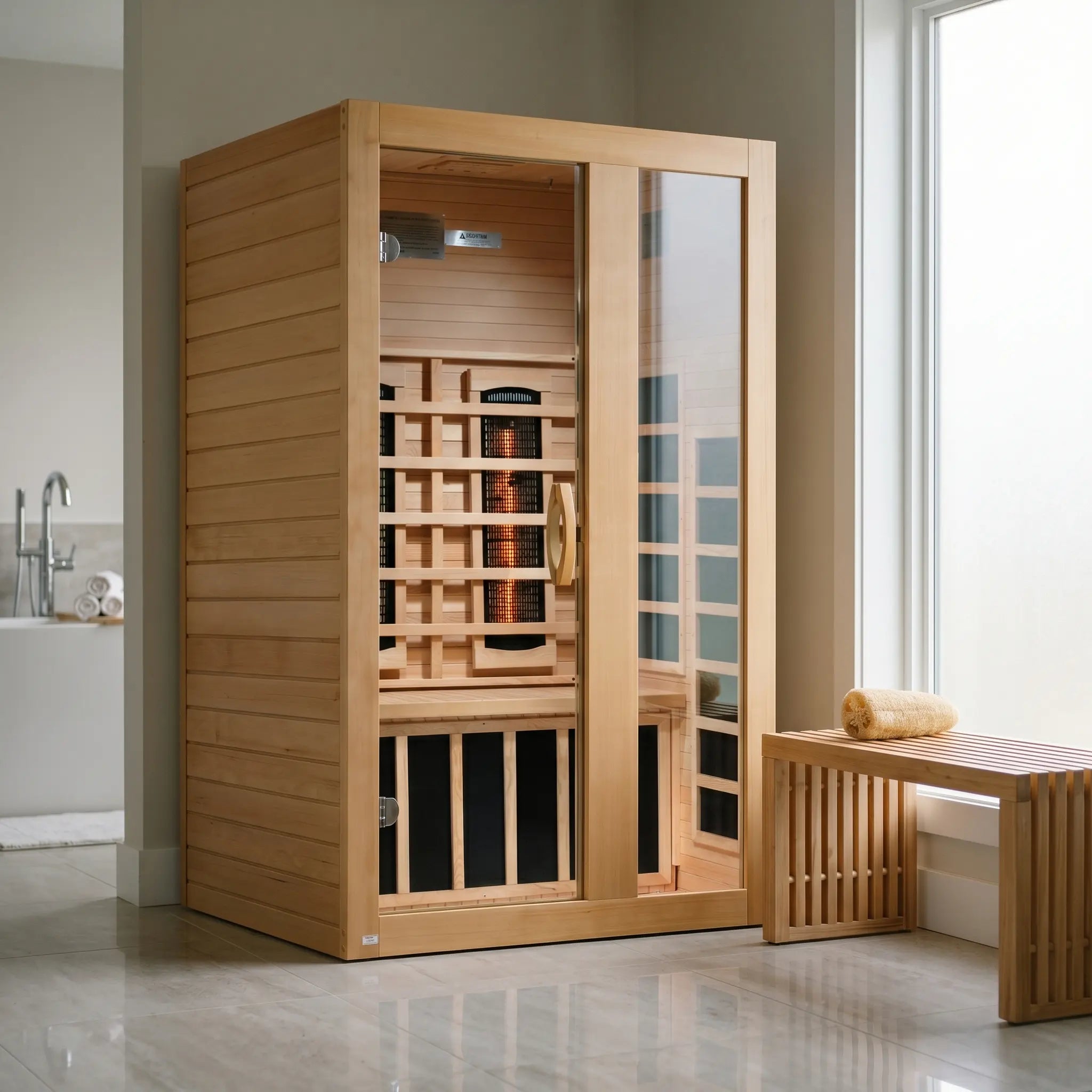 Golden Designs Dynamic Serena full spectrum near zero EMF infrared sauna shown in a contemporary home setting