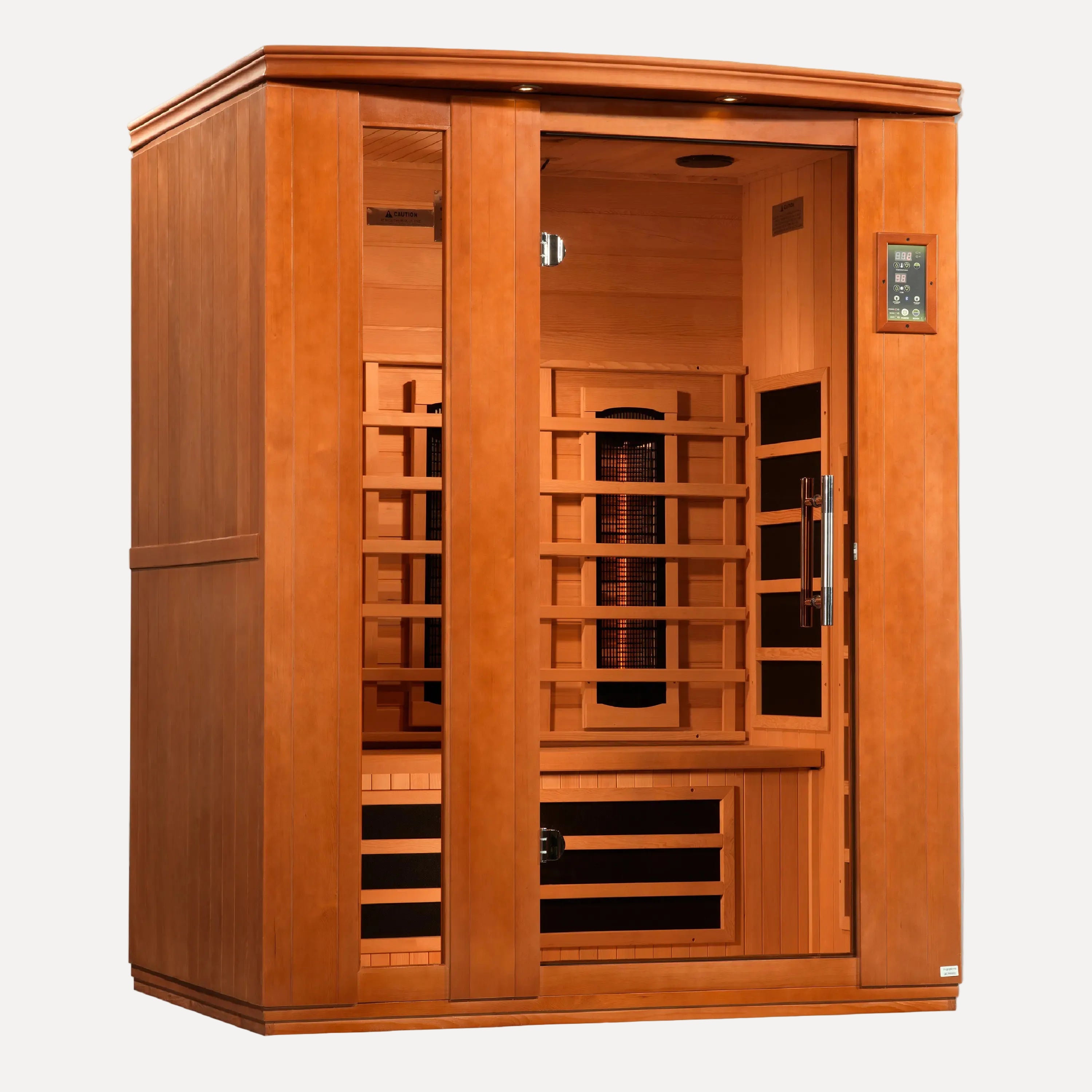 Golden Designs Dynamic Lugano full spectrum near zero EMF infrared sauna shown at a front three-quarter angle