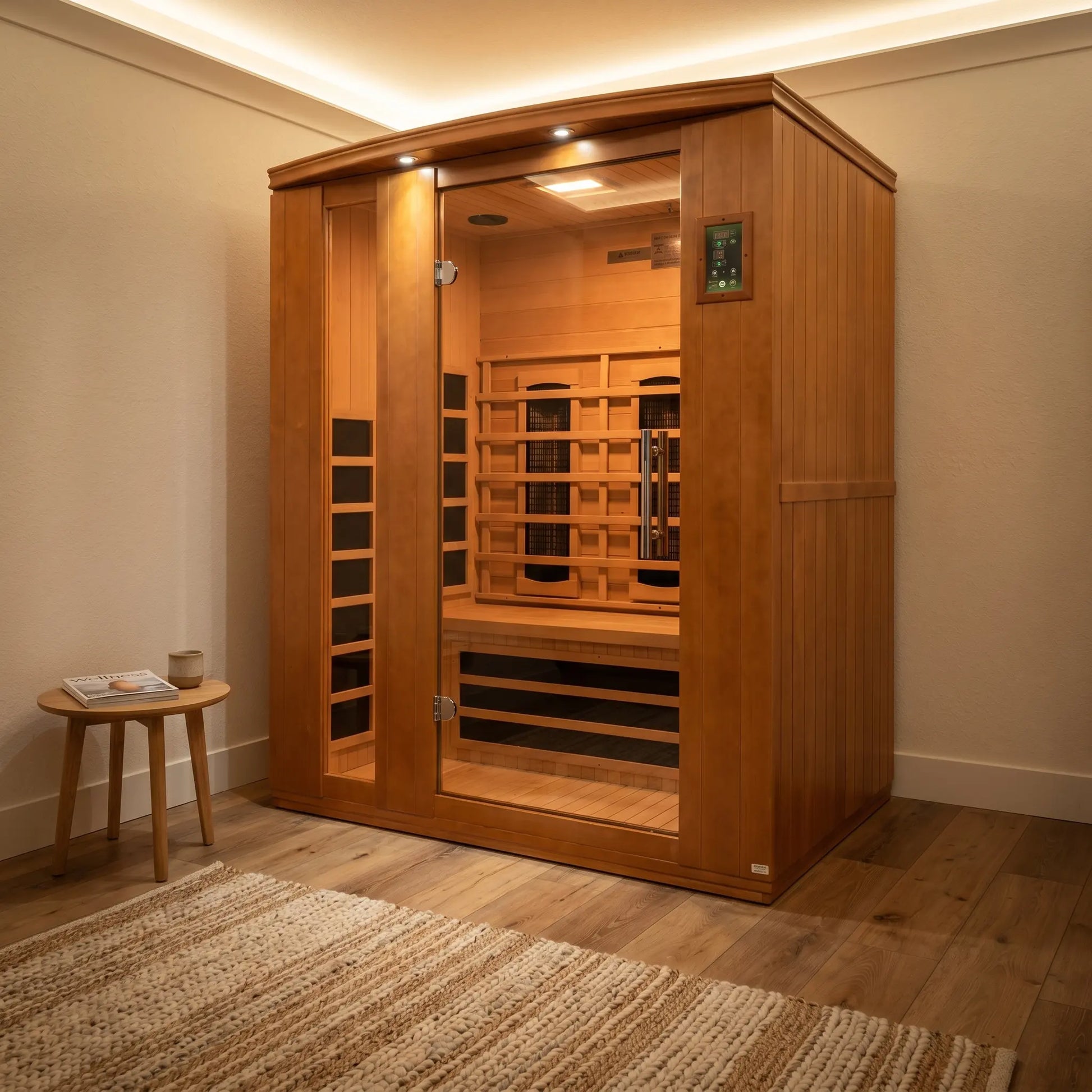 Golden Designs Dynamic Lugano full spectrum near zero EMF infrared sauna styled in a modern home interior