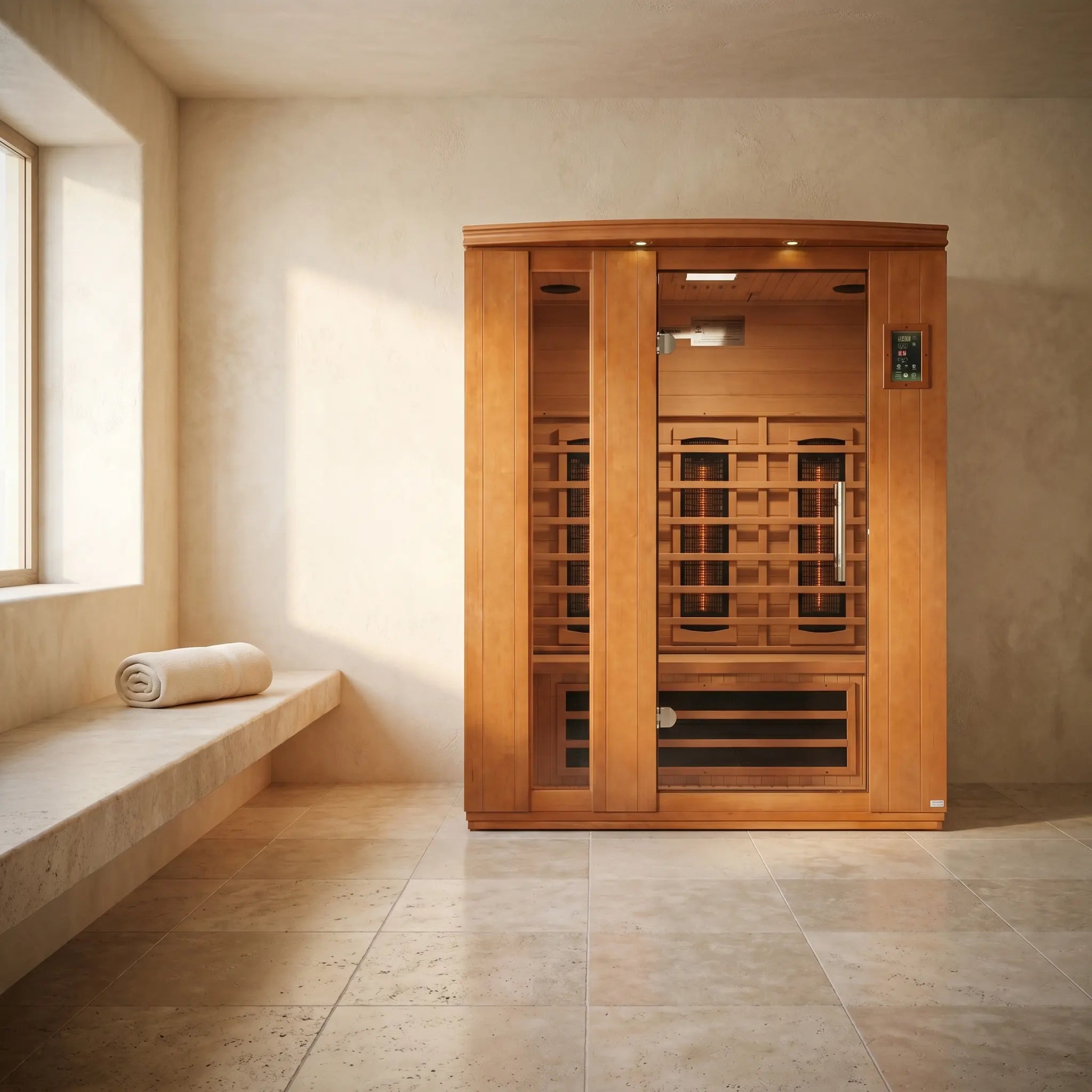 Golden Designs Dynamic Lugano full spectrum near zero EMF infrared sauna shown in a contemporary home setting
