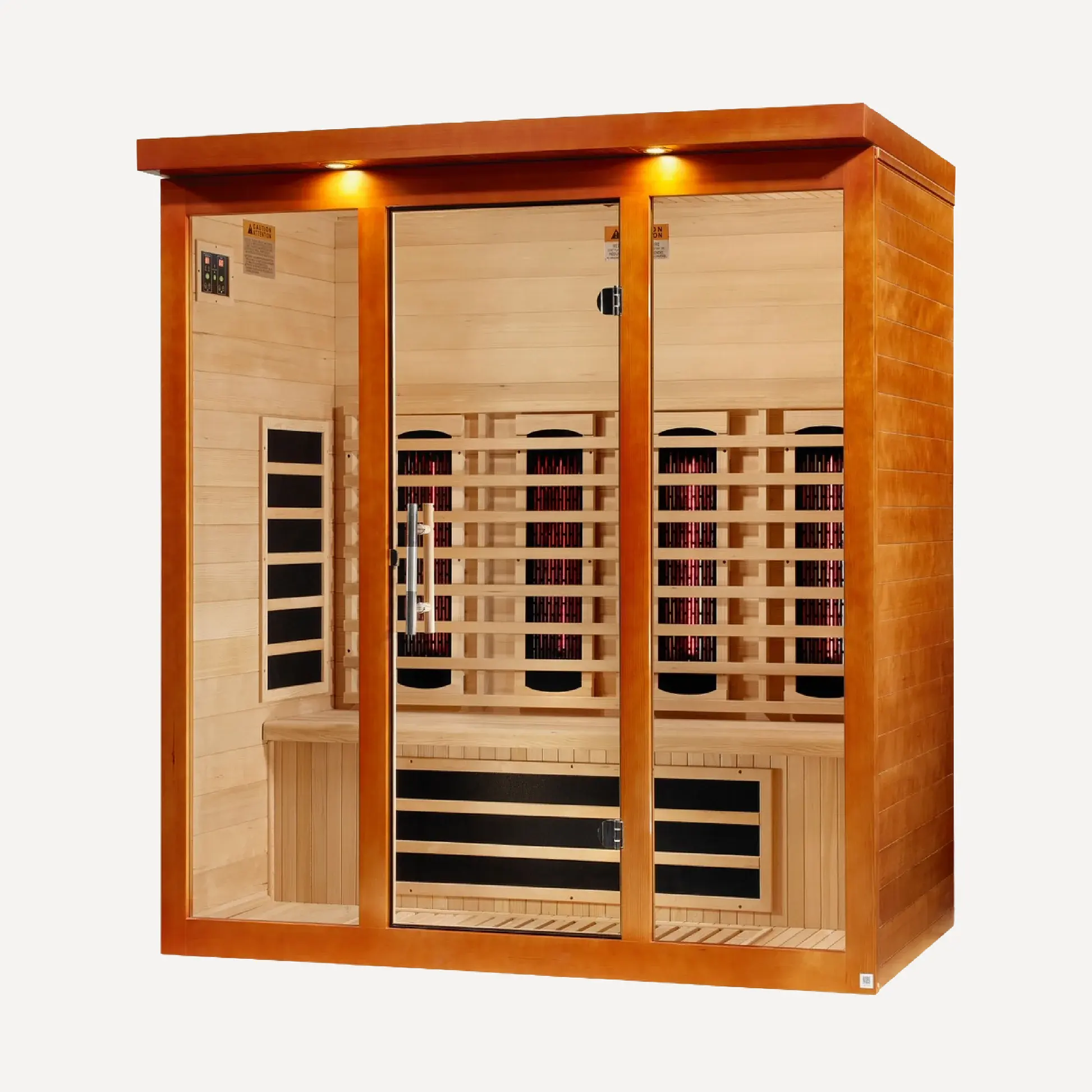 Golden Designs Dynamic Vila Grande full spectrum near zero EMF infrared sauna interior view from the left showing the bench and heating panels