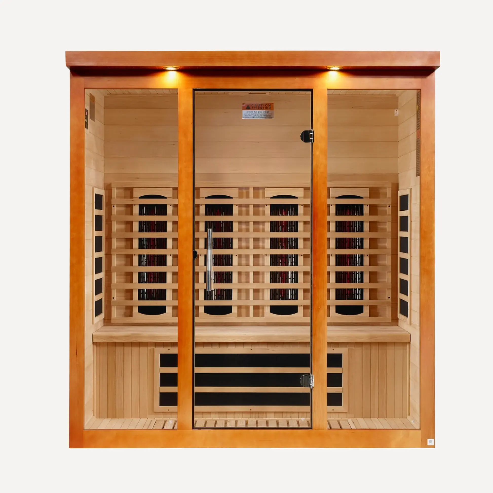 Golden Designs Dynamic Vila Grande full spectrum near zero EMF infrared sauna interior center view showing the bench and heating panels