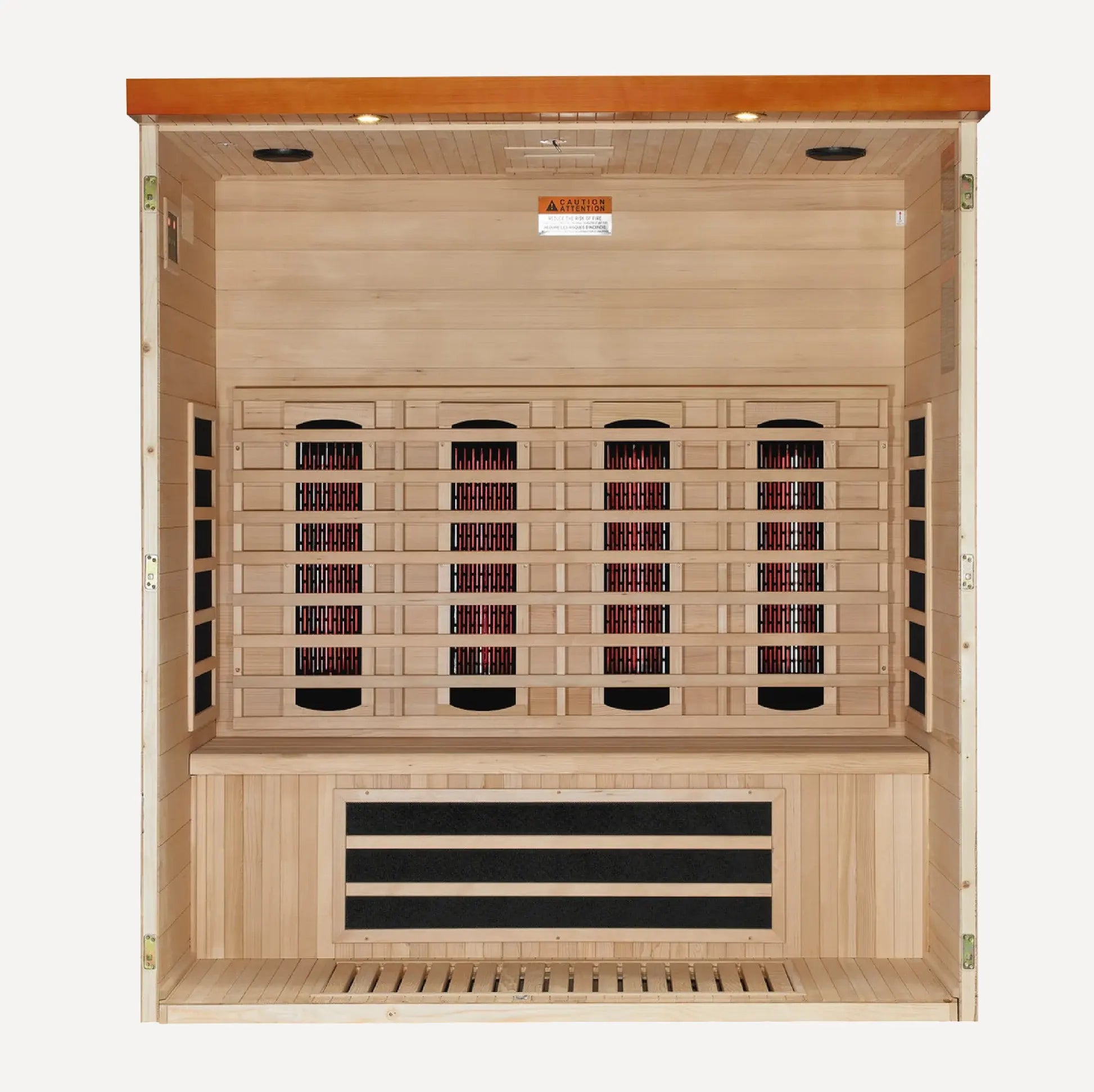 Golden Designs Dynamic Vila Grande full spectrum near zero EMF infrared sauna interior cutaway with the front wall removed showing the bench layout