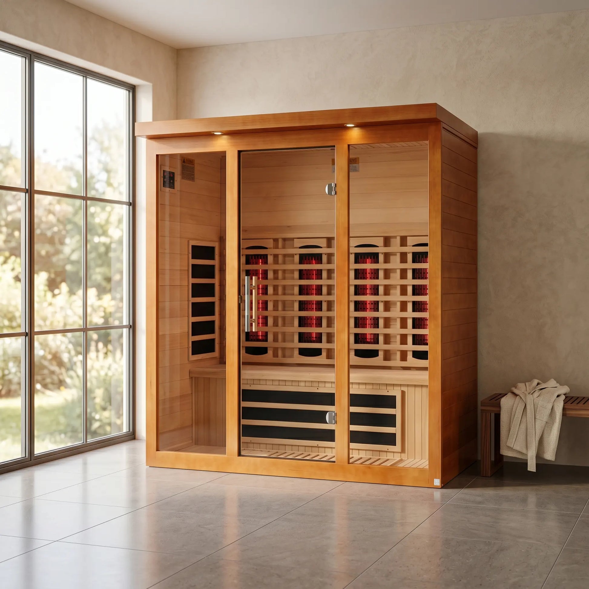 Golden Designs Dynamic Vila Grande full spectrum near zero EMF infrared sauna styled in a modern home interior