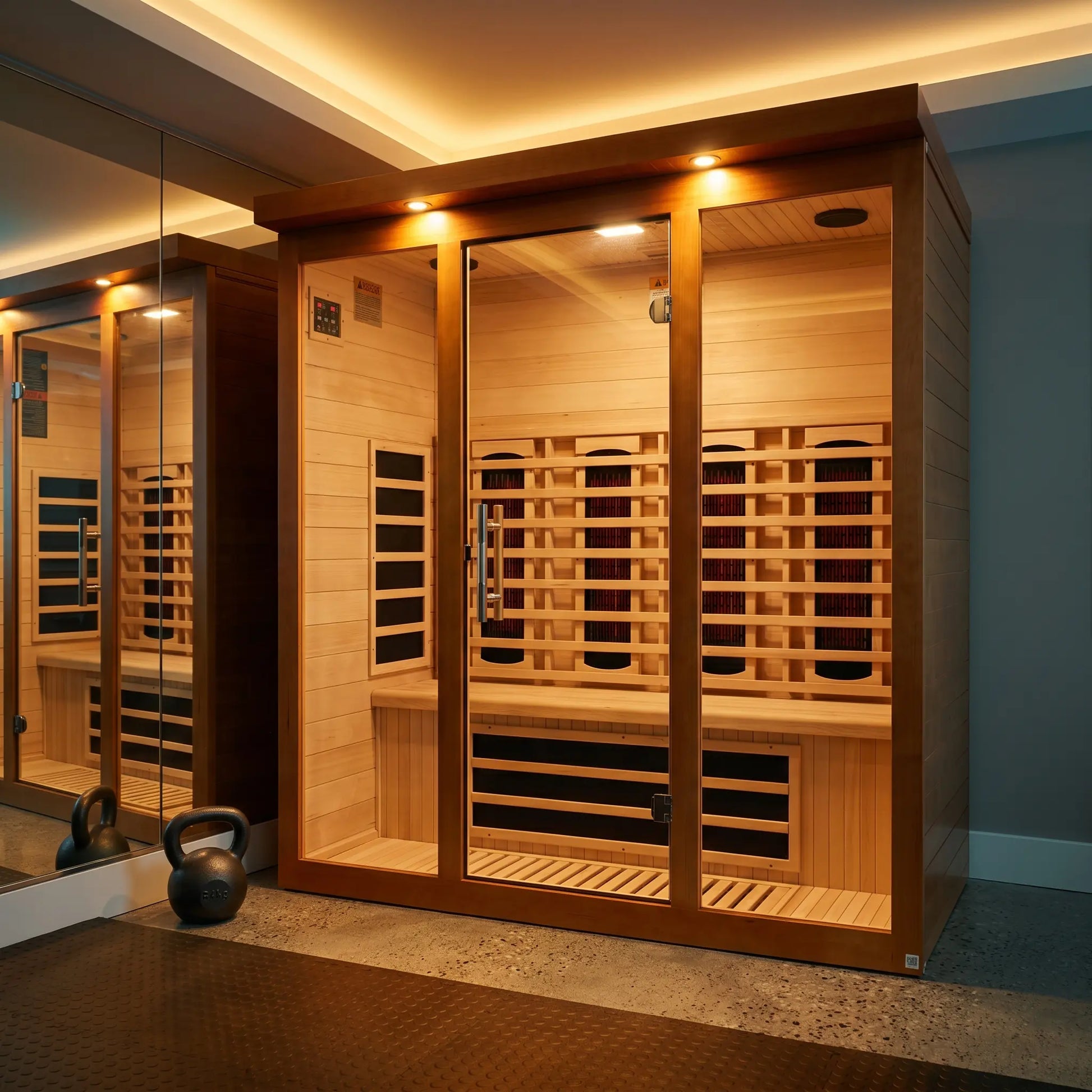 Golden Designs Dynamic Vila Grande full spectrum near zero EMF infrared sauna shown in a contemporary home setting