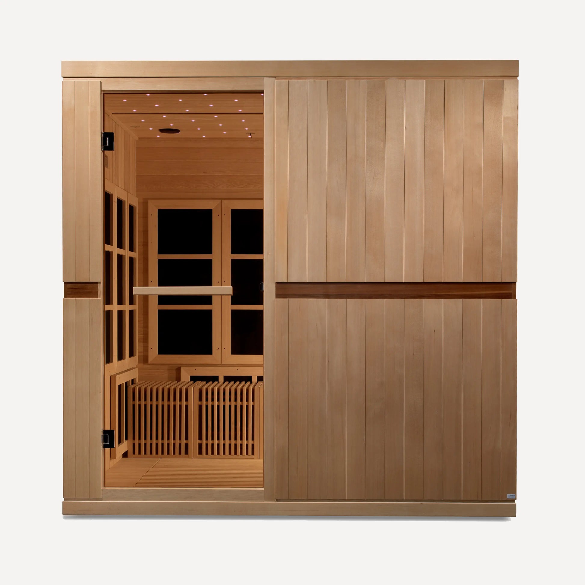 Golden Designs Catalonia 8 person near zero EMF sauna, alternate studio angle on white background