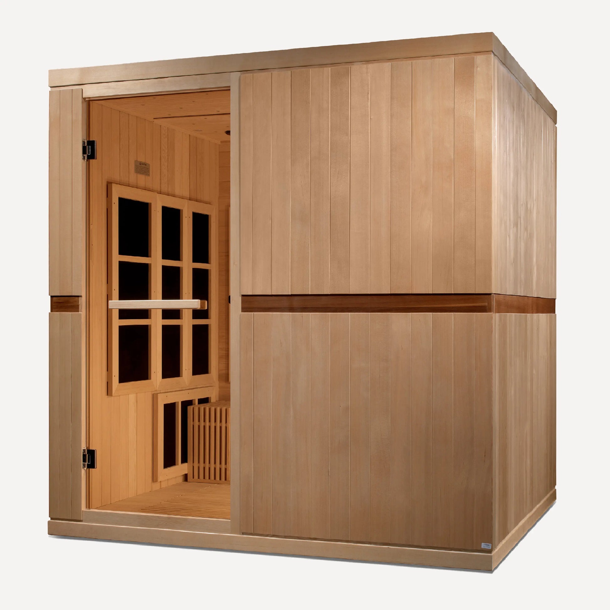 Golden Designs Catalonia 8 person near zero EMF sauna, studio close-up on white background
