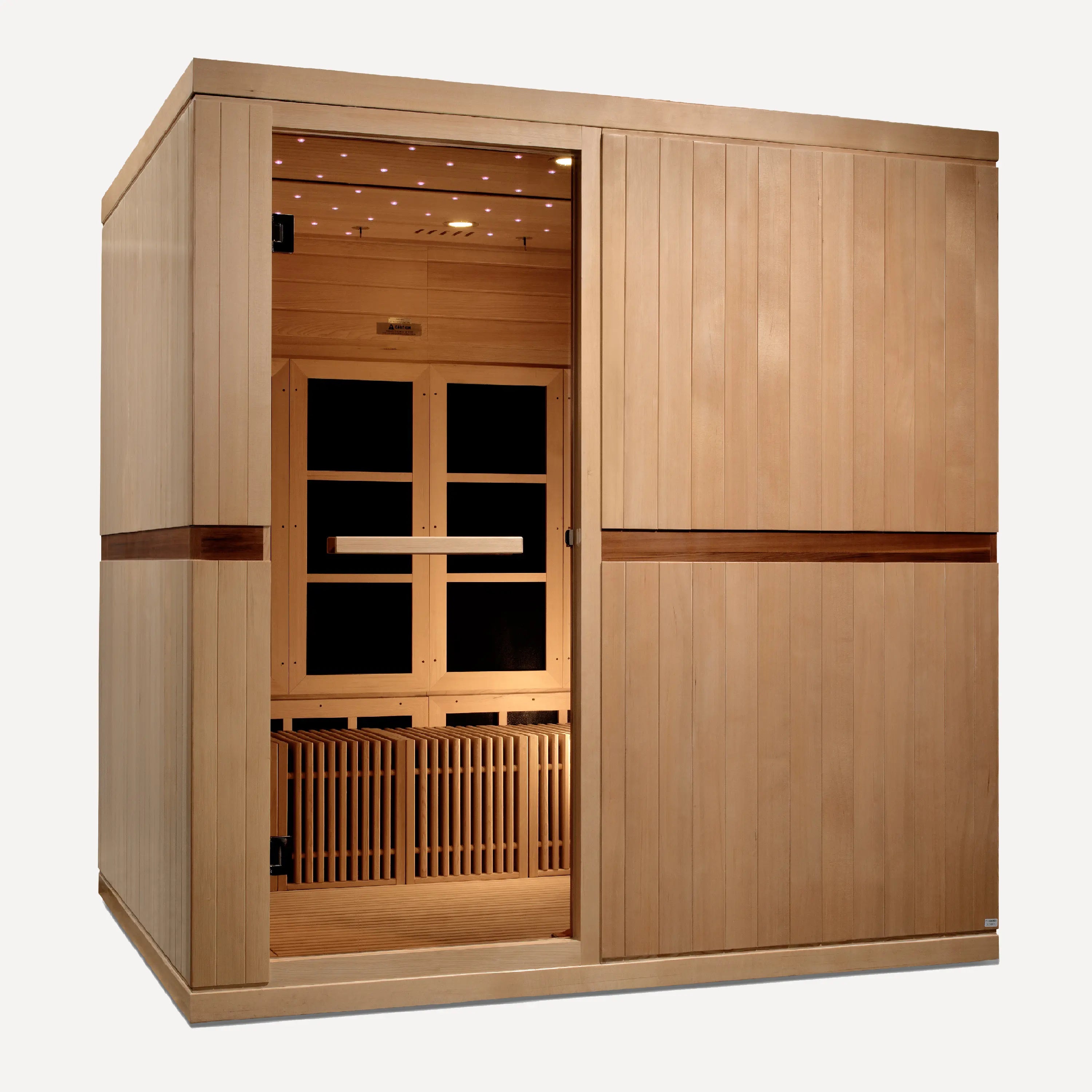 Golden Designs Catalonia 8 person near zero EMF far infrared sauna, front view on white background