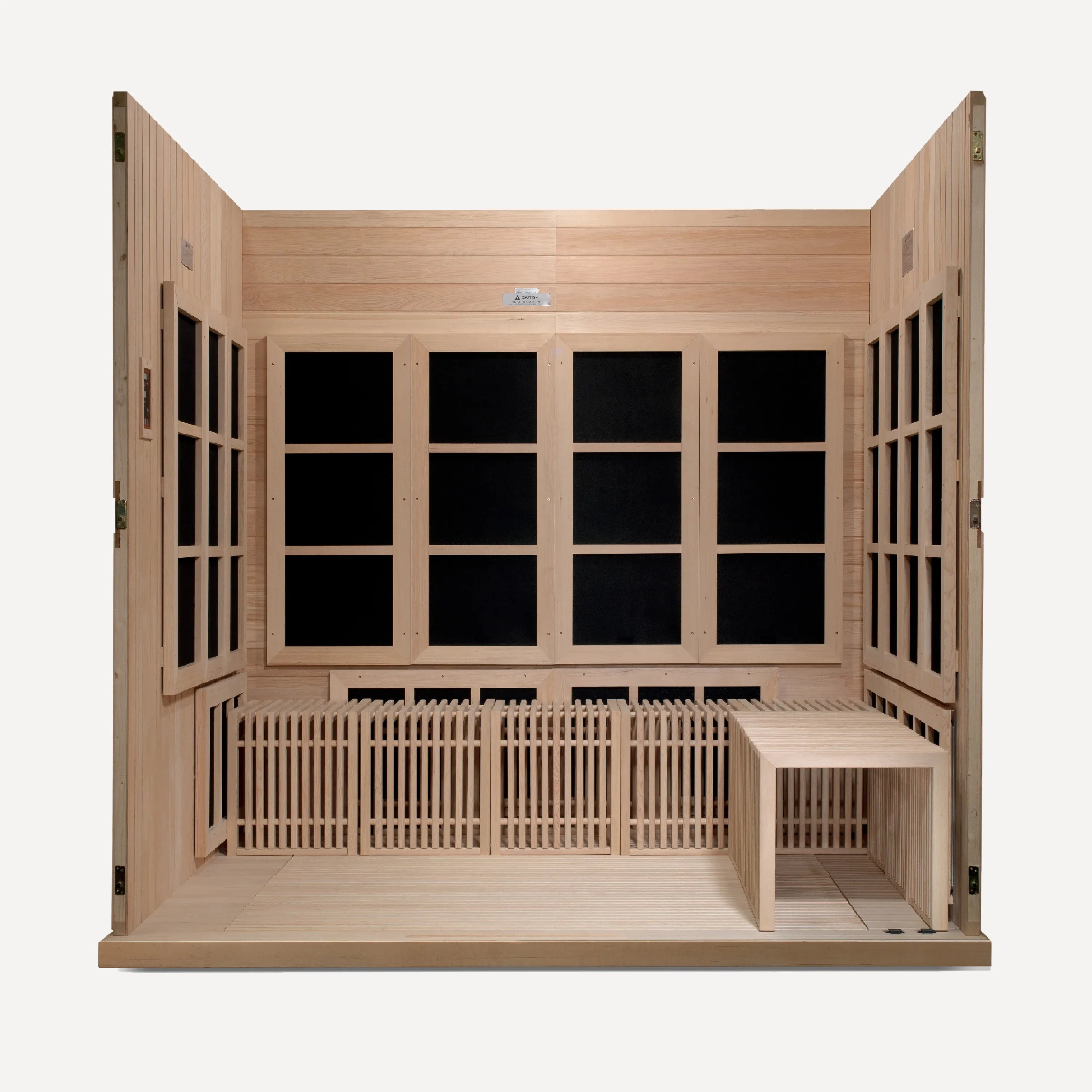 Golden Designs Catalonia 8 person near zero EMF sauna, interior detail on white background
