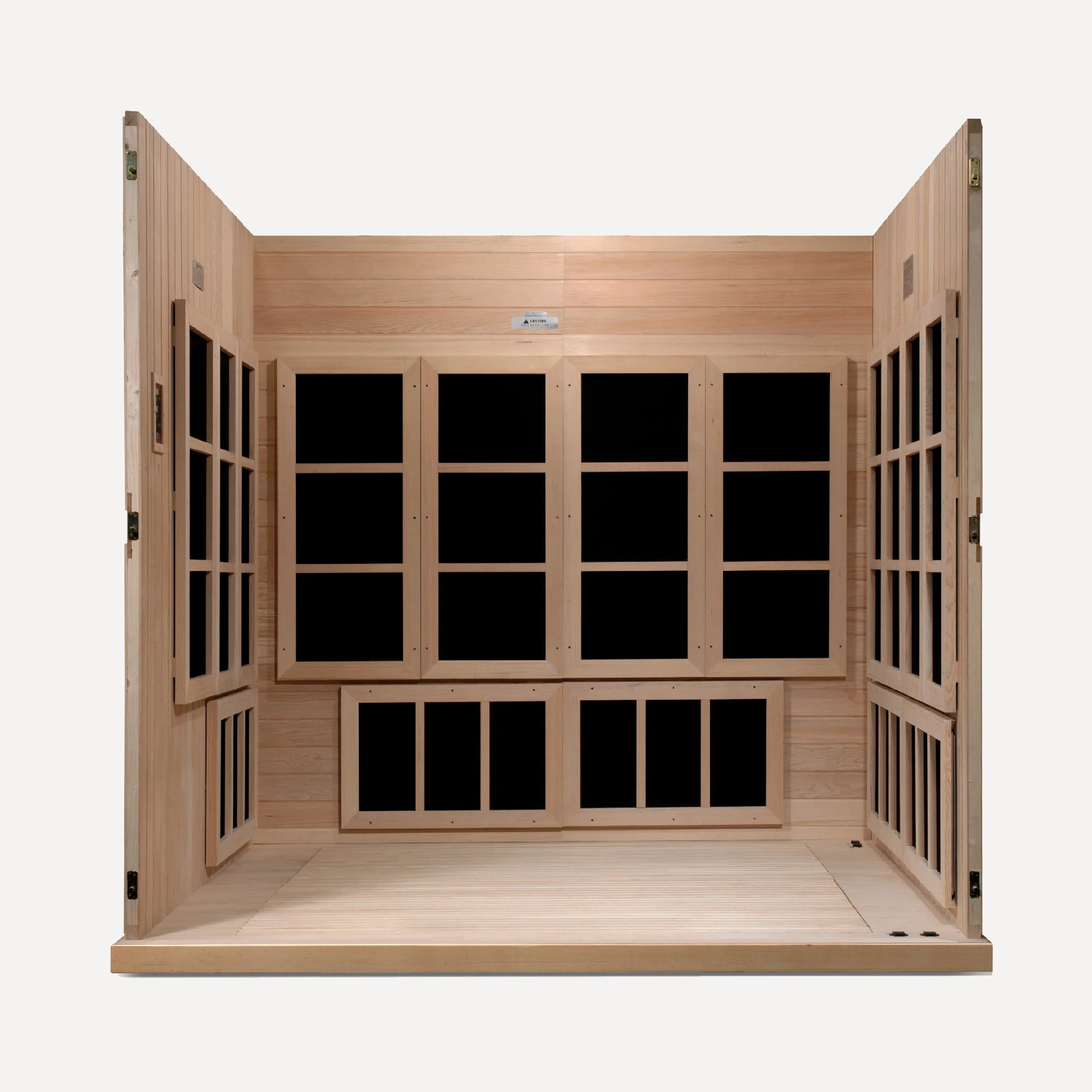Golden Designs Catalonia 8 person near zero EMF sauna, additional studio view on white background