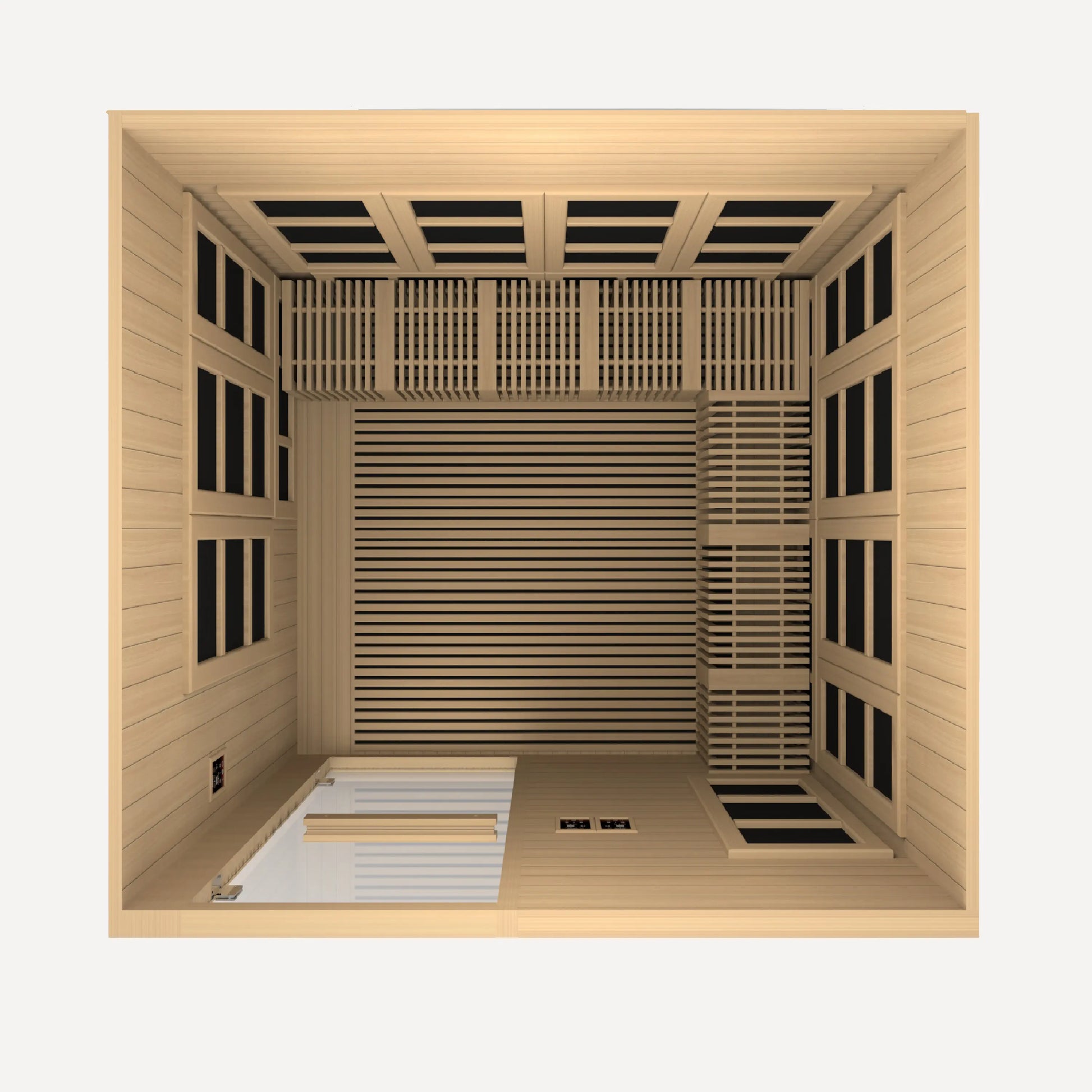 Golden Designs Catalonia 8 person near zero EMF sauna, exterior detail on white background