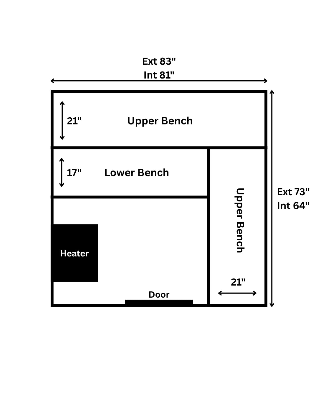 Floor plan diagram of The Sweat Cabin Deluxe showing 83 inch exterior and 73 inch exterior dimensions with L-shaped upper and lower benches, heater, and door positions.