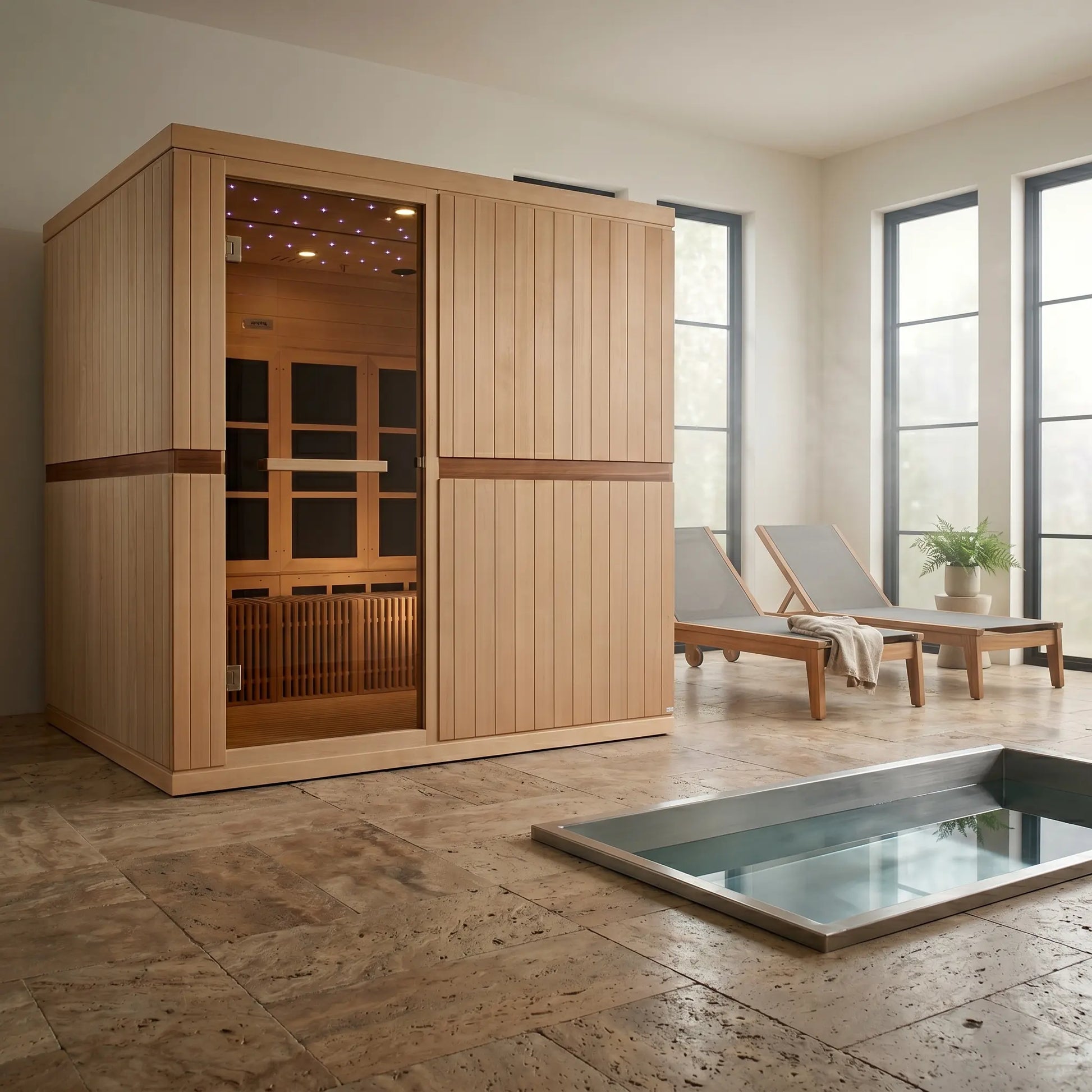 Golden Designs Catalonia 8 person near zero EMF sauna styled in a modern home interior