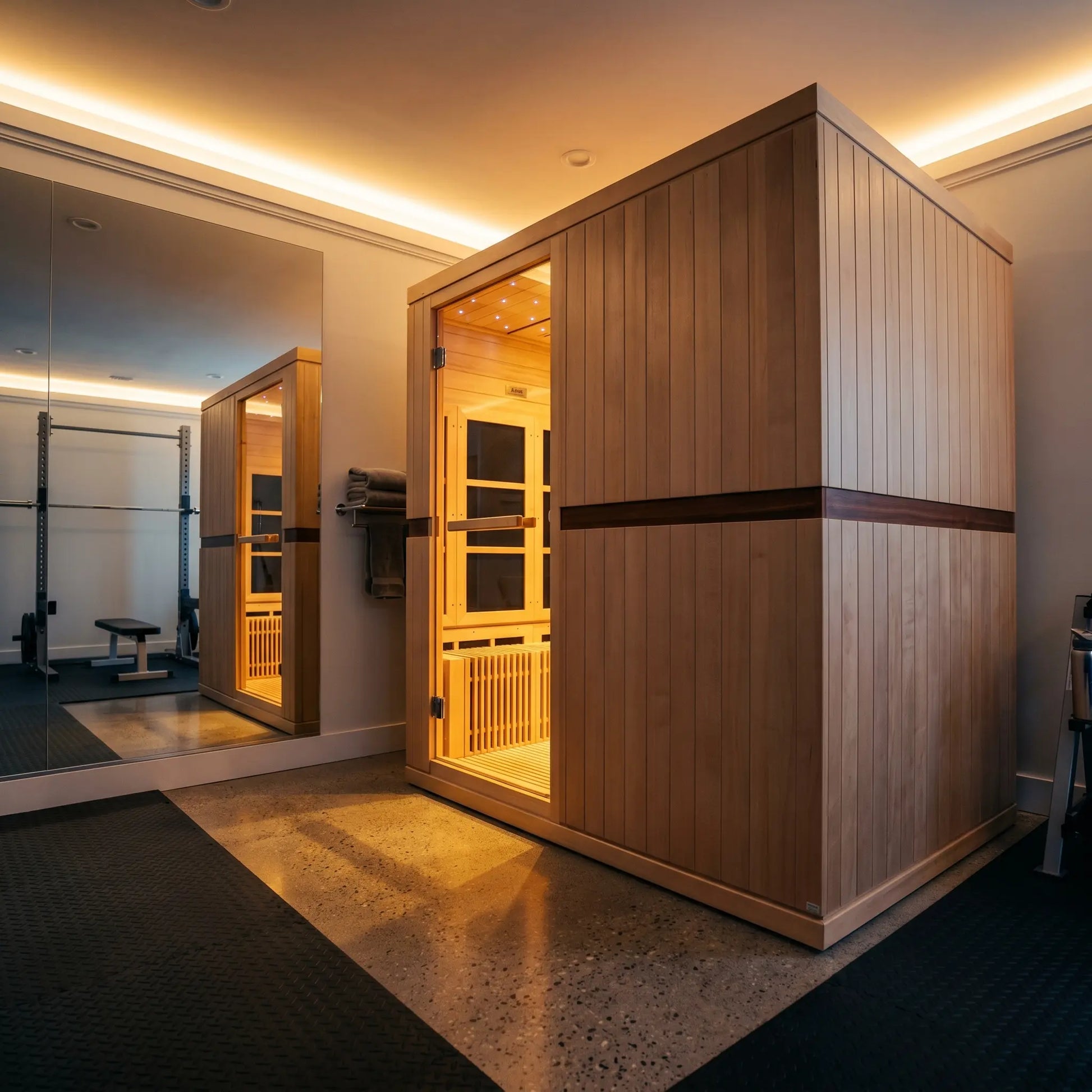 Golden Designs Catalonia 8 person near zero EMF sauna lifestyle scene in a contemporary home setting