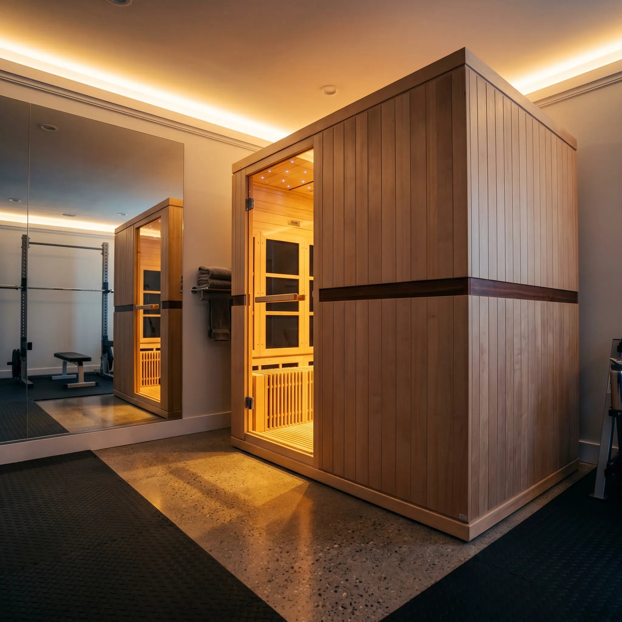 Golden Designs Catalonia 8 person near zero EMF sauna lifestyle scene in a contemporary home setting