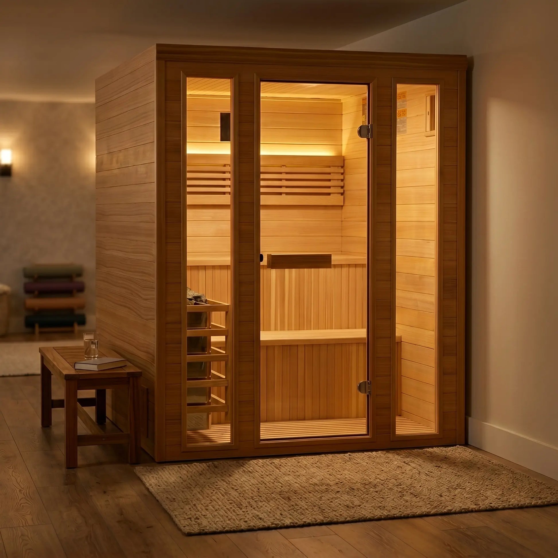 Golden Designs Engelberg Edition 4-6 Person Indoor Traditional Steam Sauna styled in a modern home interior