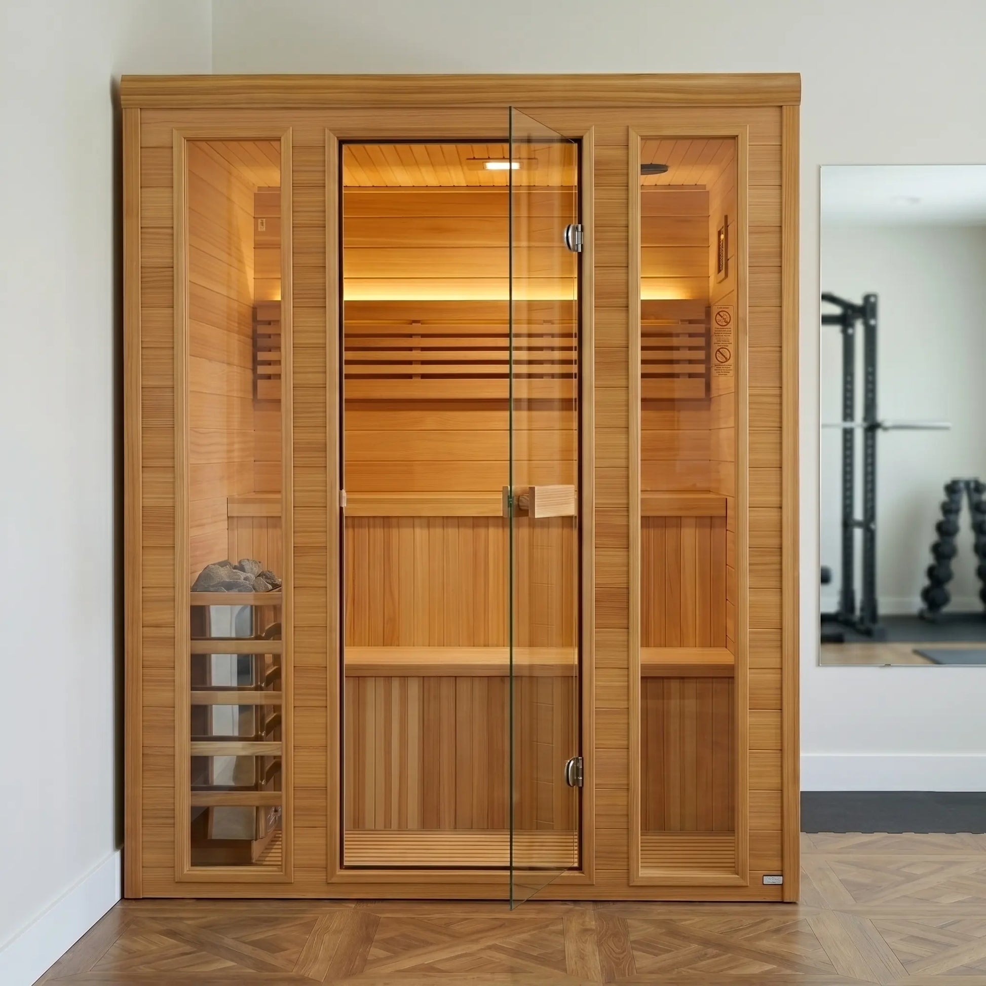 Golden Designs Engelberg Edition 4-6 Person Indoor Traditional Steam Sauna shown in a contemporary home setting