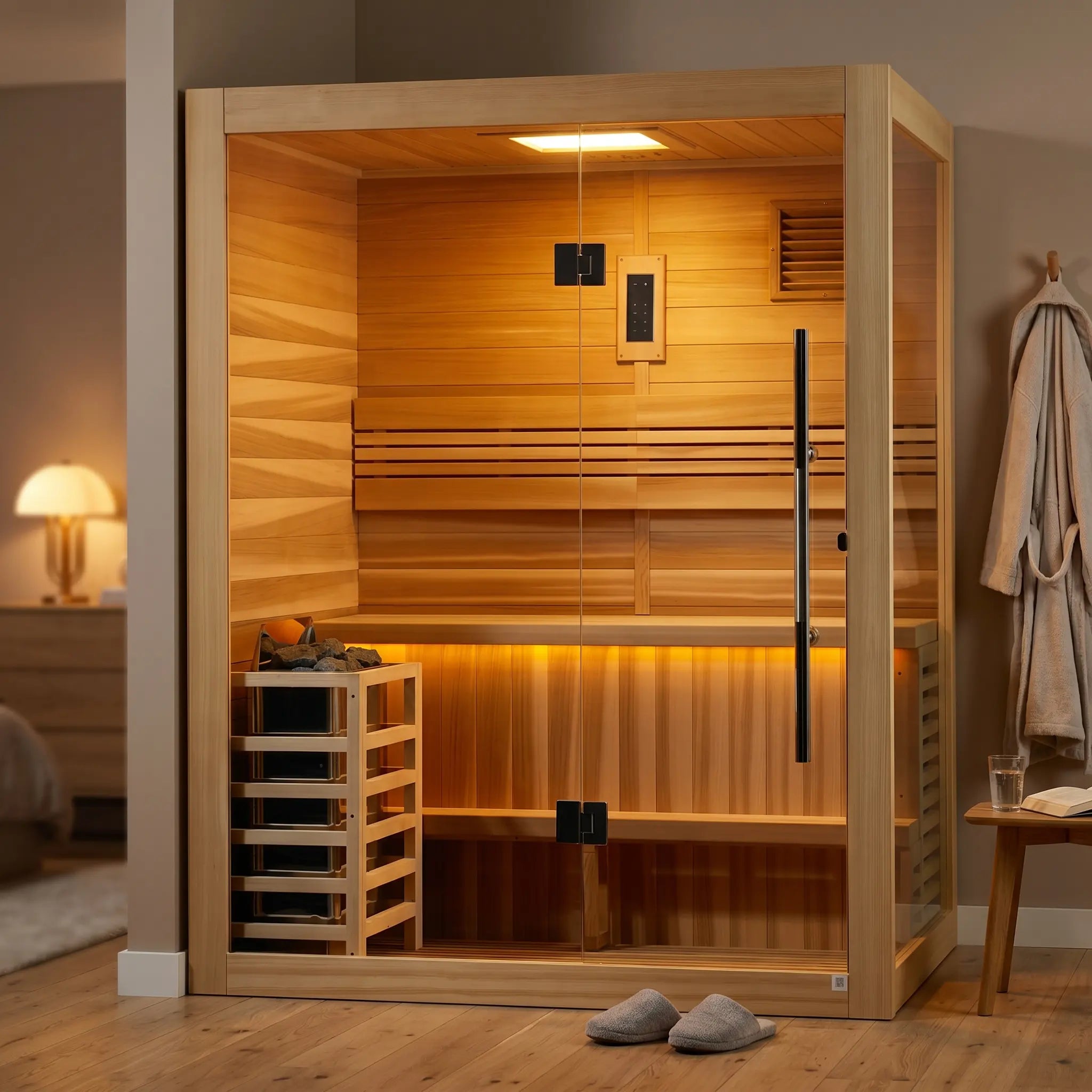Golden Designs Hanko 2-Person Indoor Traditional Sauna styled in a modern home interior
