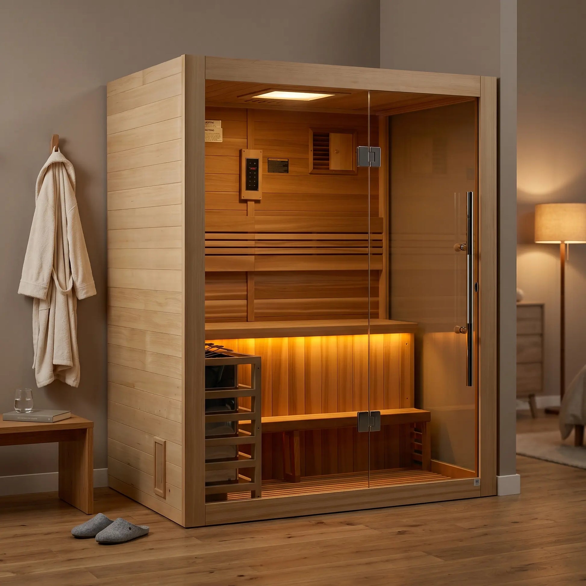 Golden Designs Hanko 2-Person Indoor Traditional Sauna shown in a contemporary home setting