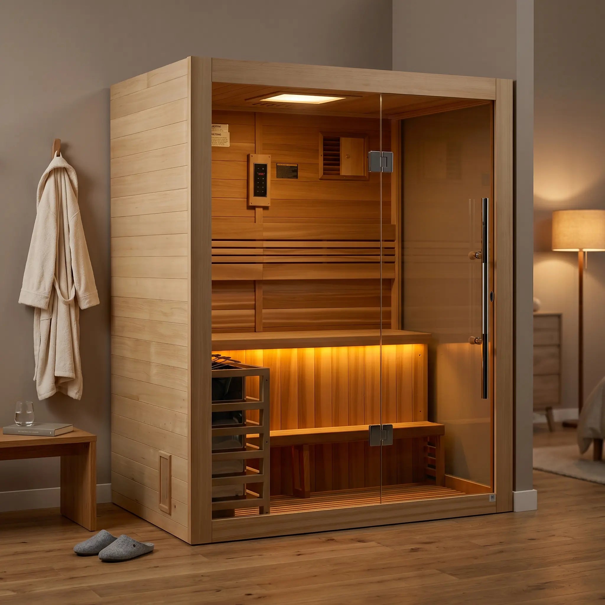 Golden Designs Hanko 2-Person Indoor Traditional Sauna shown in a contemporary home setting
