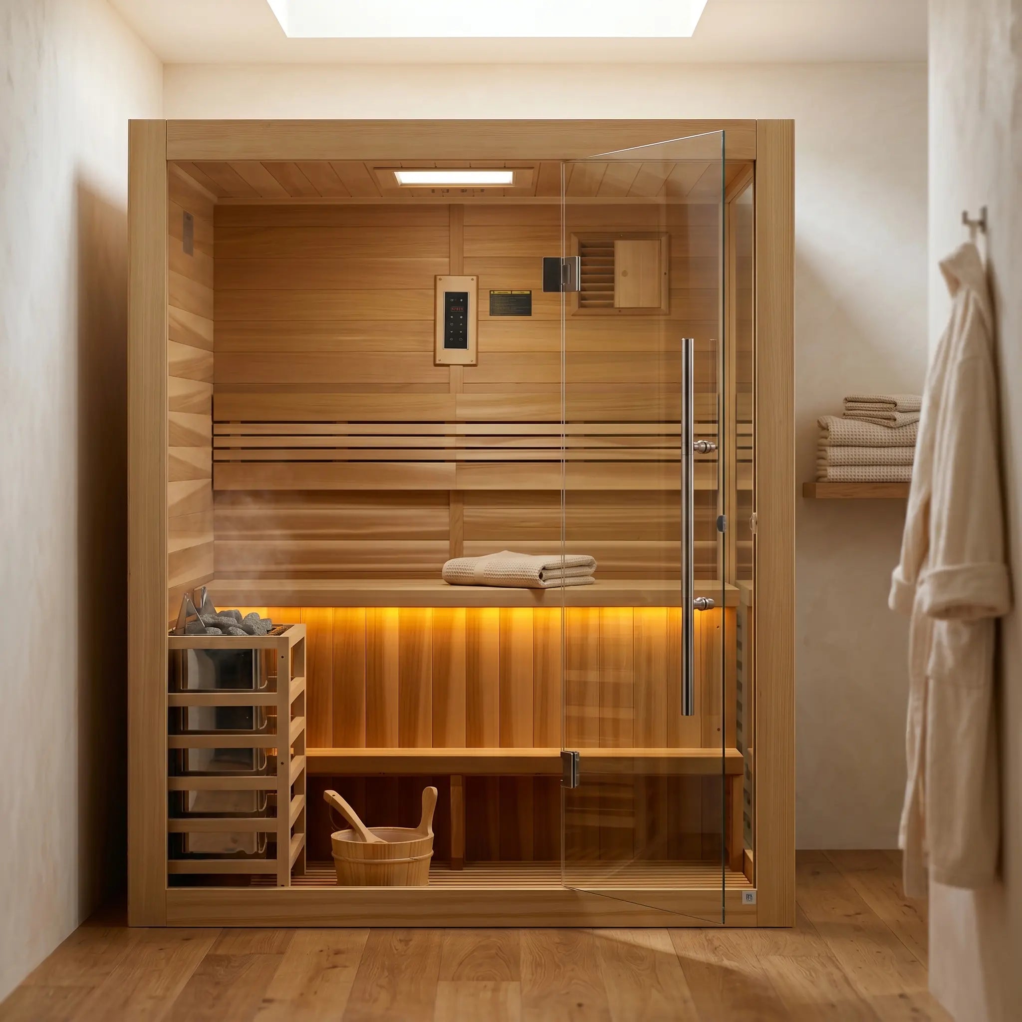 Golden Designs Hanko 2-Person Indoor Traditional Sauna installed in a home wellness space