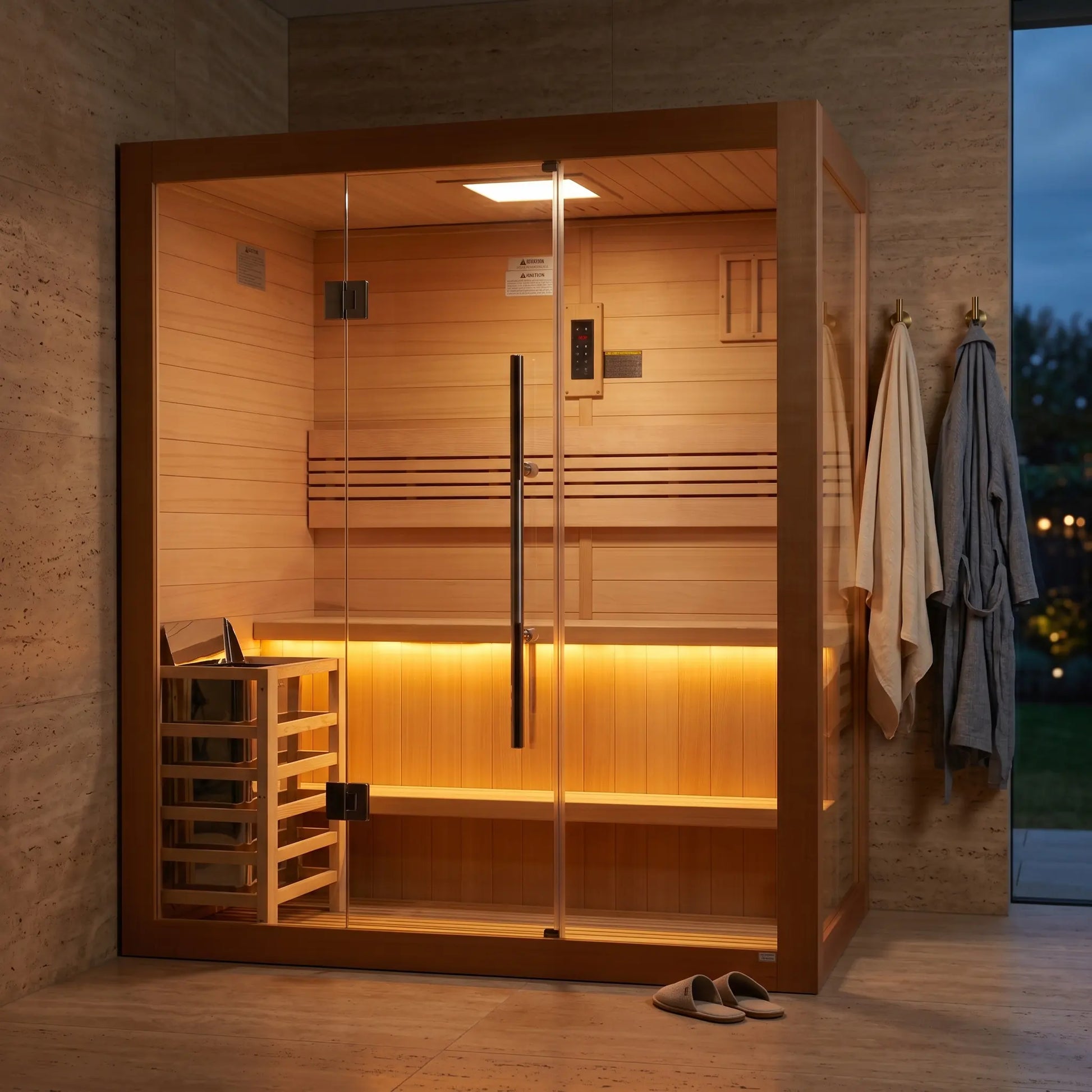 Golden Designs Forssa 3-Person Indoor Traditional Sauna shown in a contemporary home setting