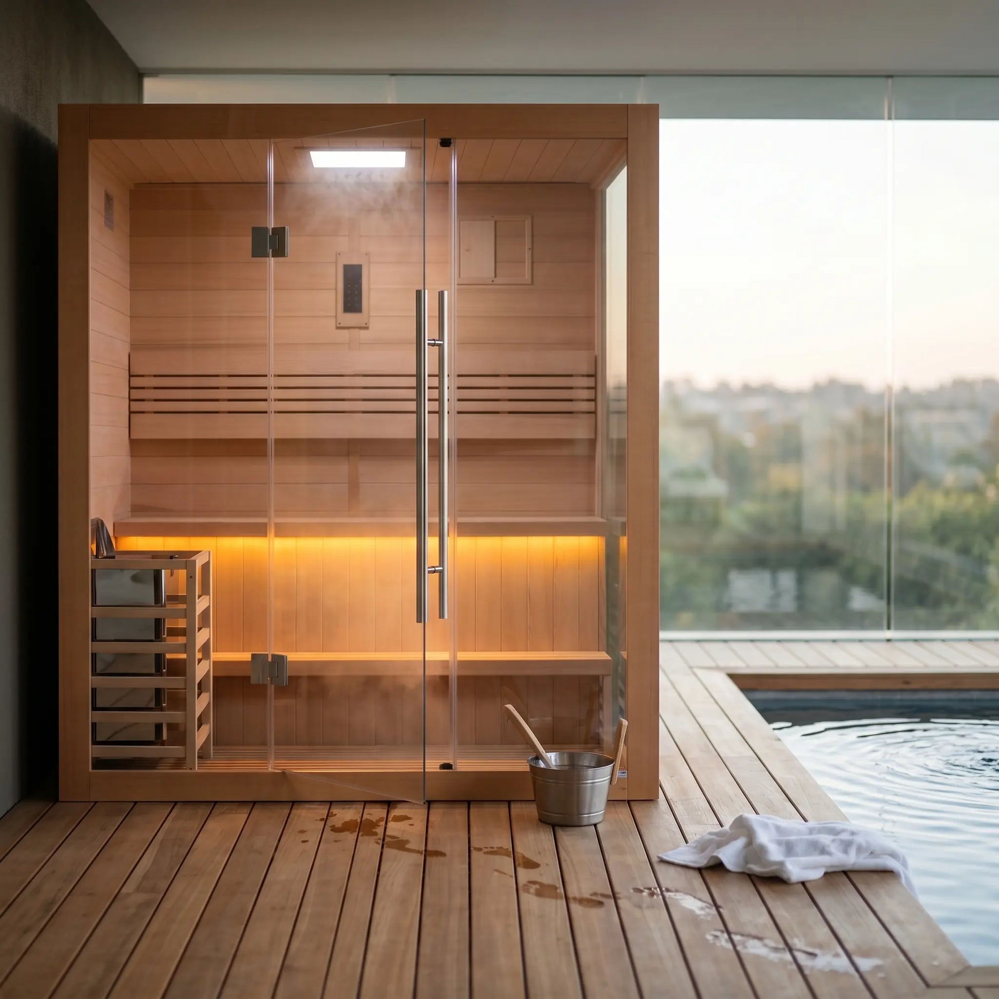 Golden Designs Forssa 3-Person Indoor Traditional Sauna styled in a modern home interior