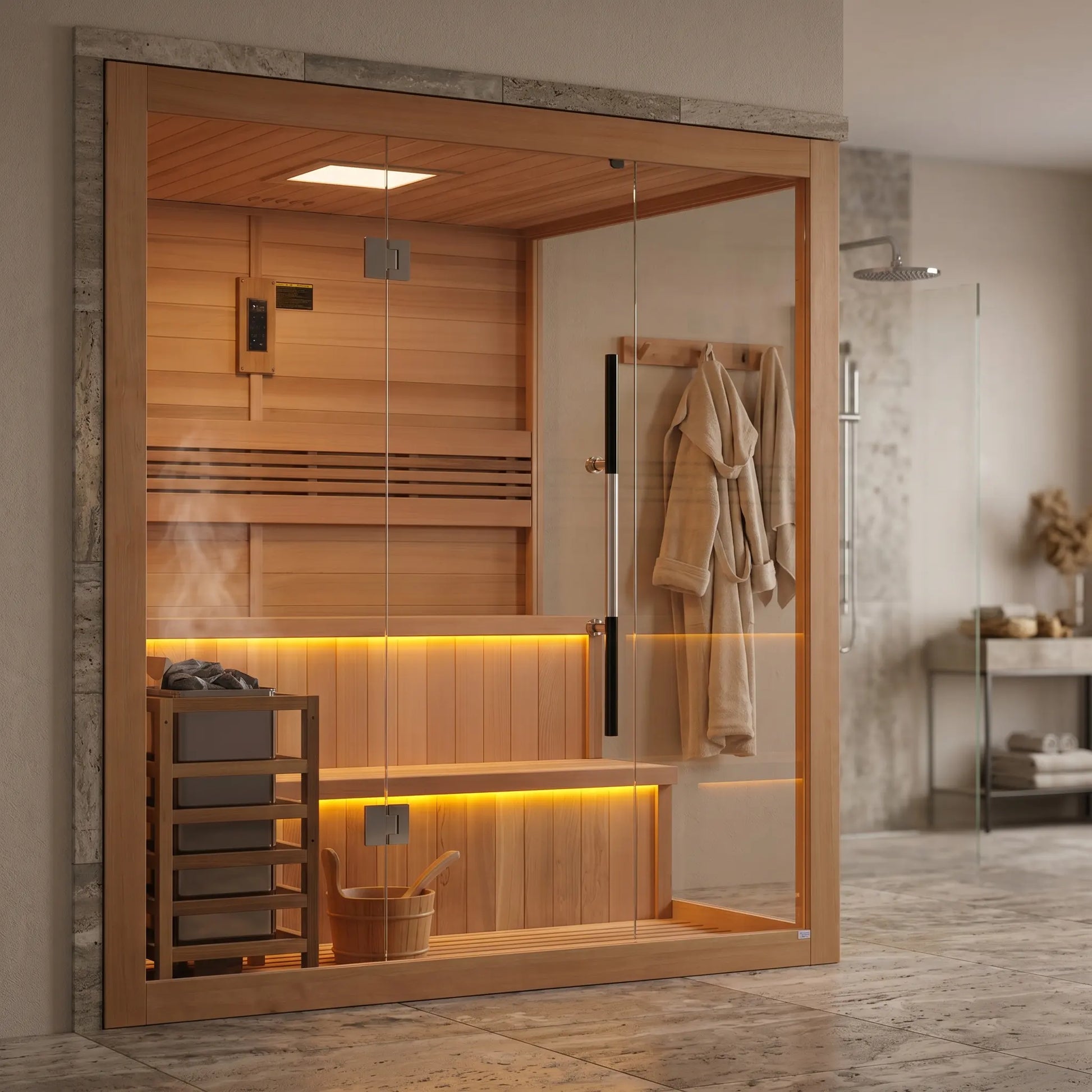 Golden Designs Kuusamo 6-Person Indoor Traditional Sauna shown in a contemporary home setting