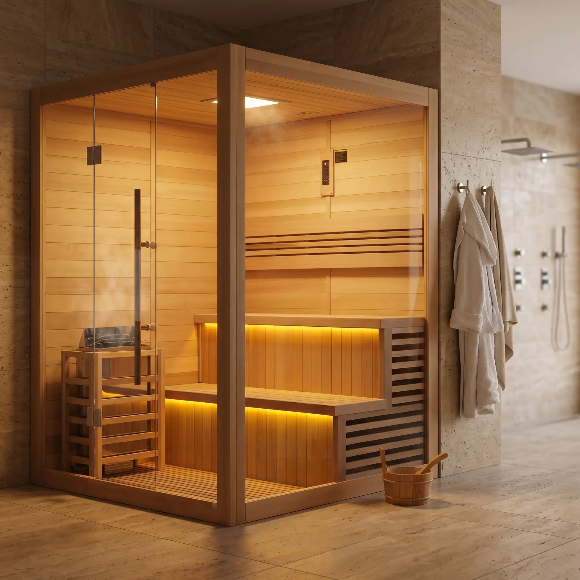 Golden Designs Kuusamo 6-Person Indoor Traditional Sauna installed in a home wellness space