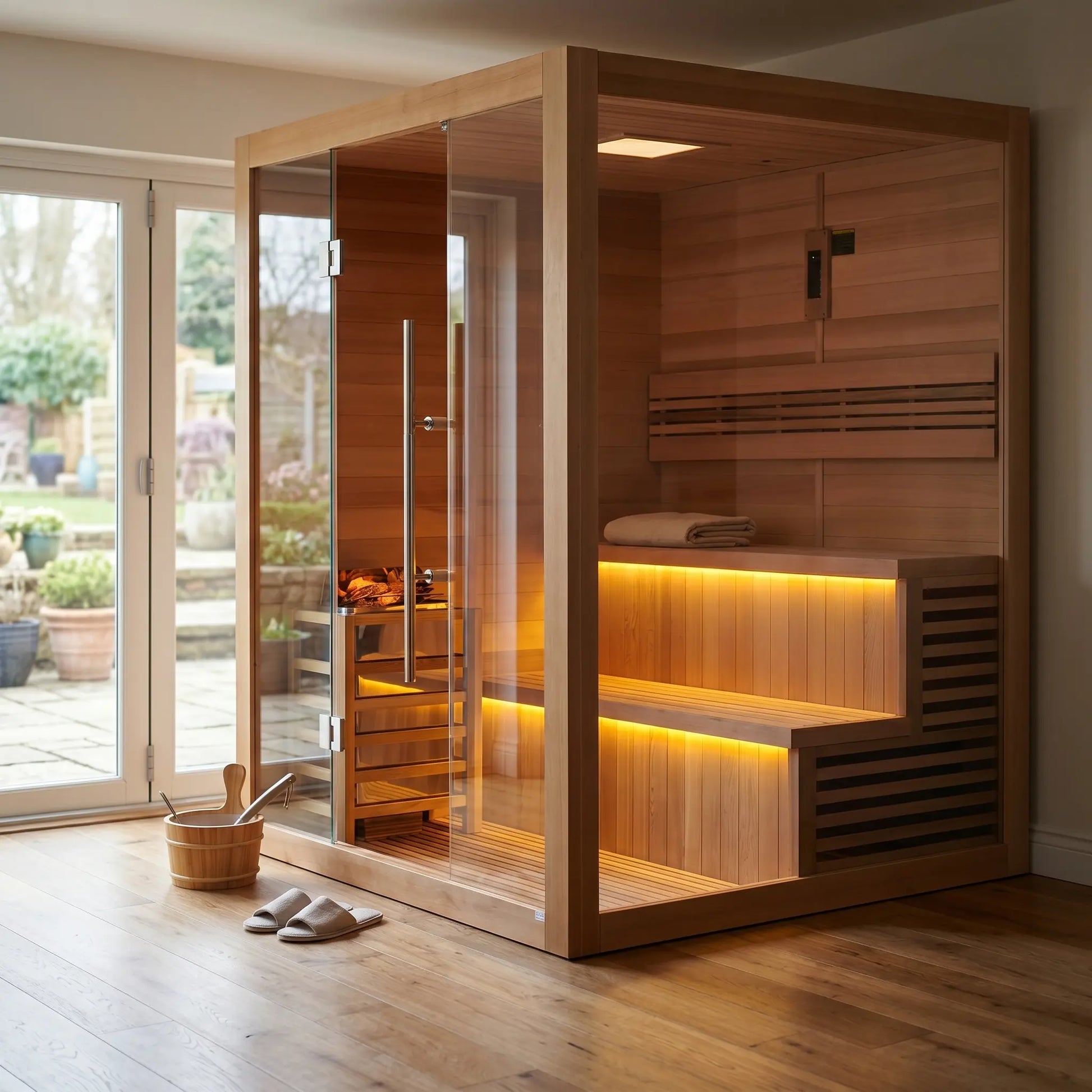 Golden Designs Kuusamo 6-Person Indoor Traditional Sauna styled in a modern home interior