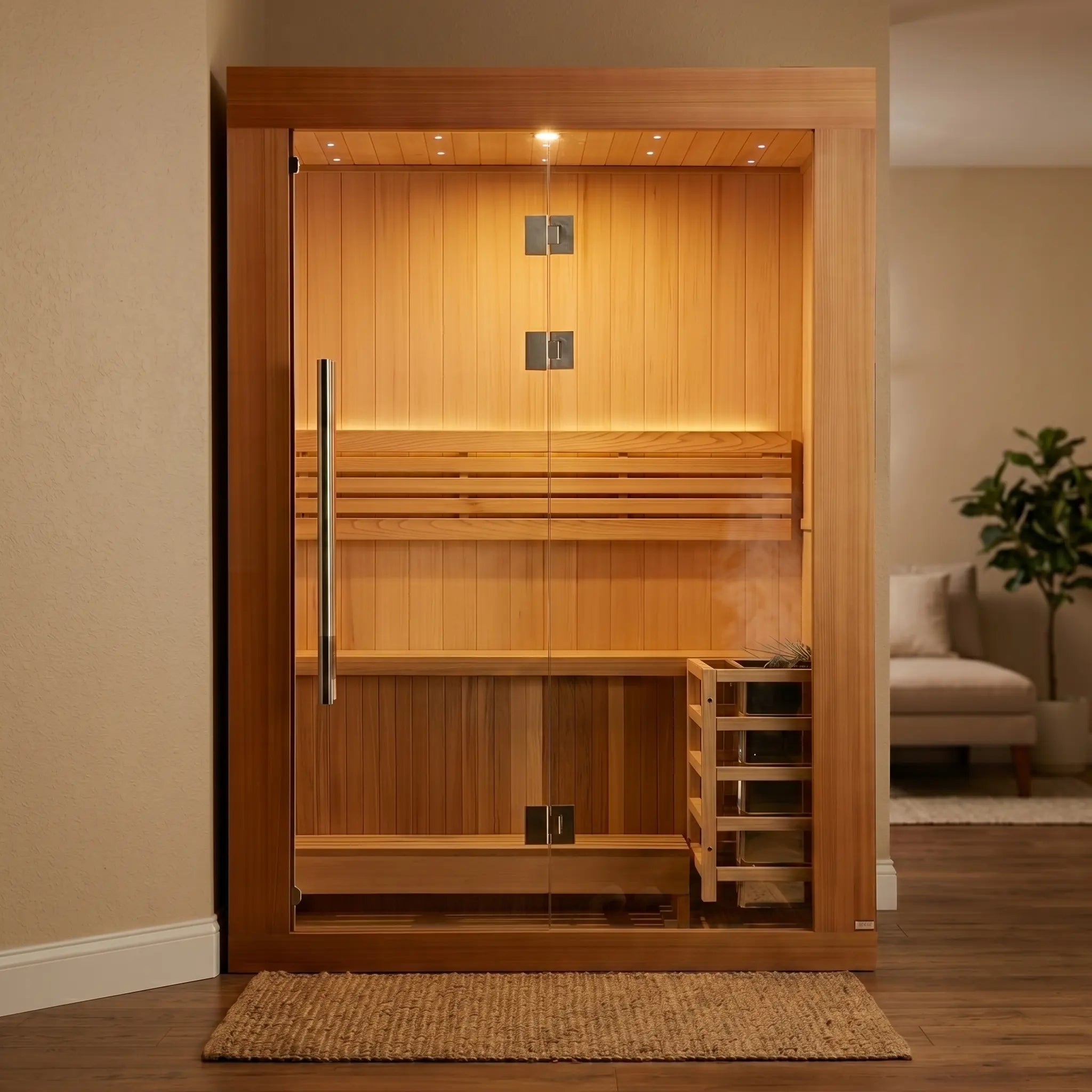 Golden Designs Sundsvall Edition 2-Person Indoor Traditional Sauna styled in a modern home interior