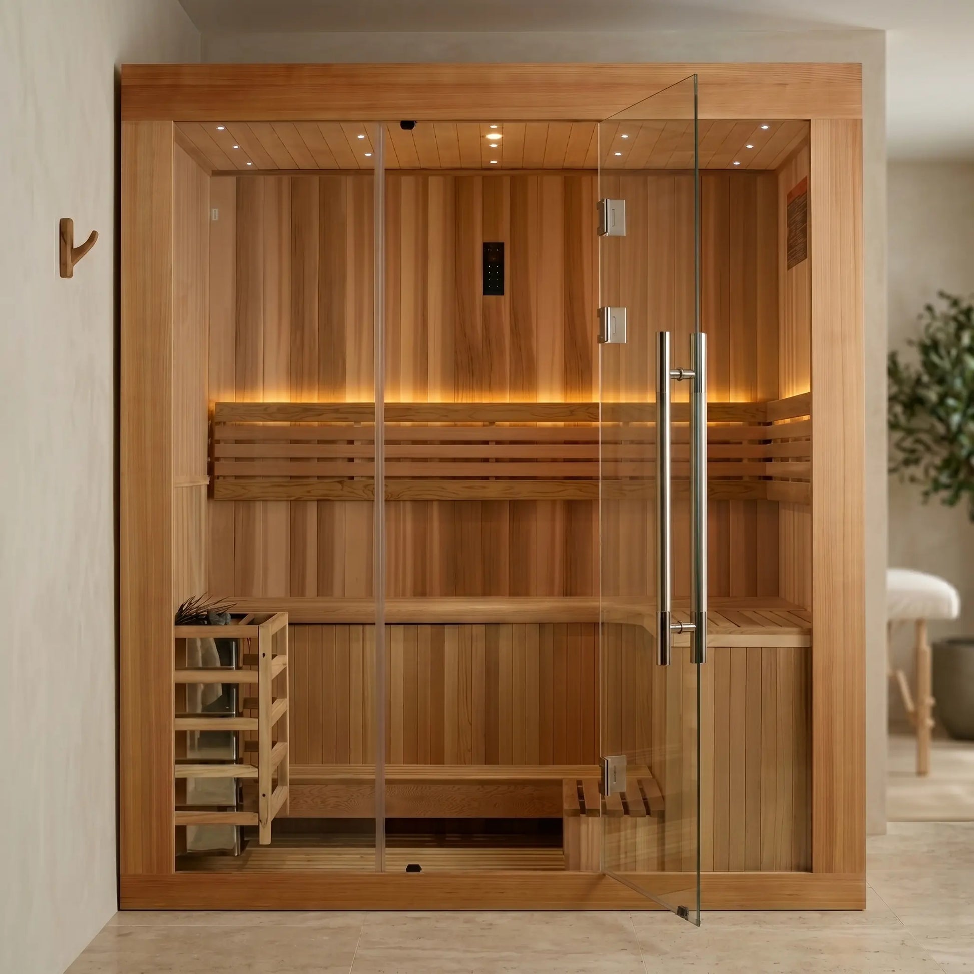Golden Designs Copenhagen Edition 3-Person Indoor Traditional Sauna styled in a modern home interior