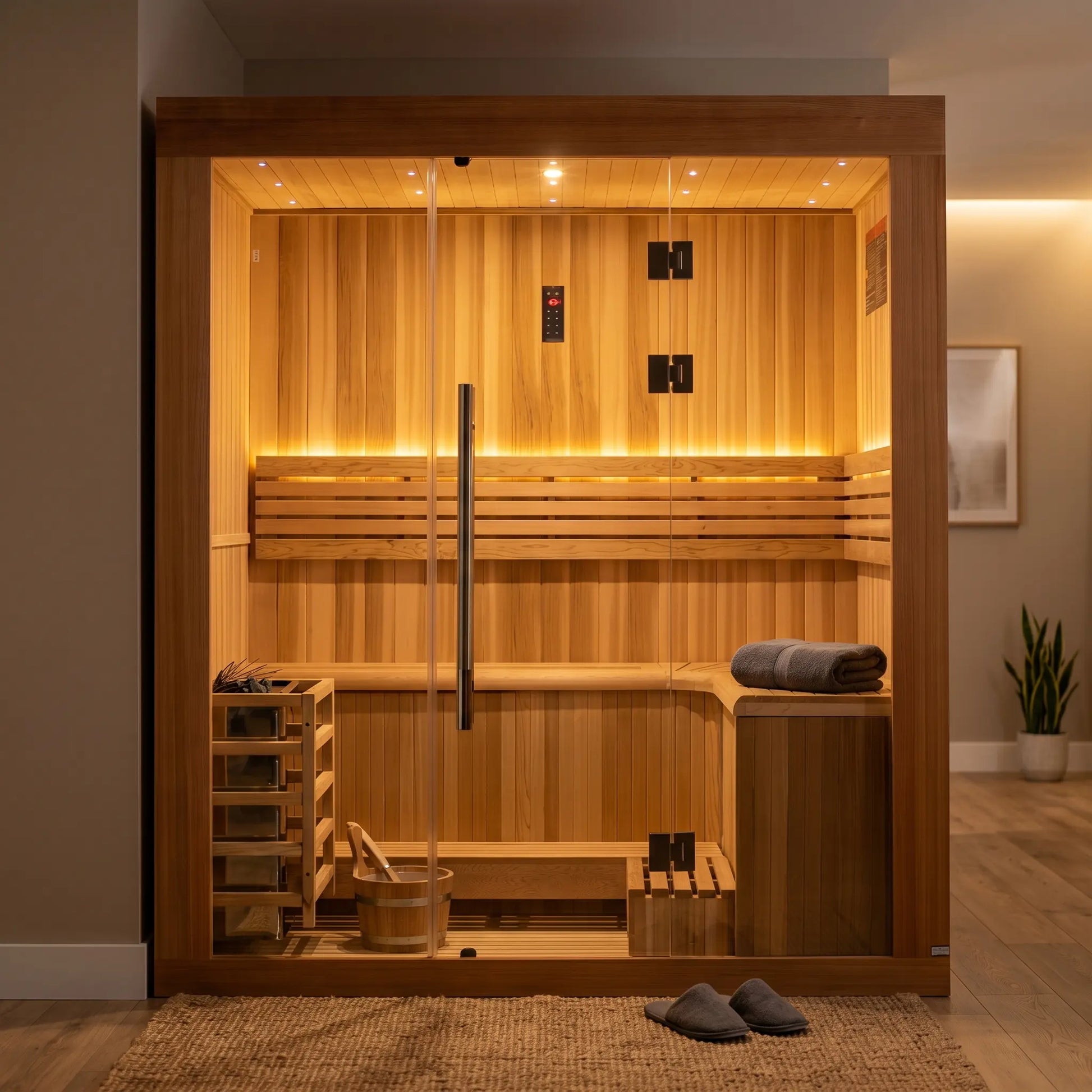 Golden Designs Copenhagen Edition 3-Person Indoor Traditional Sauna shown in a contemporary home setting