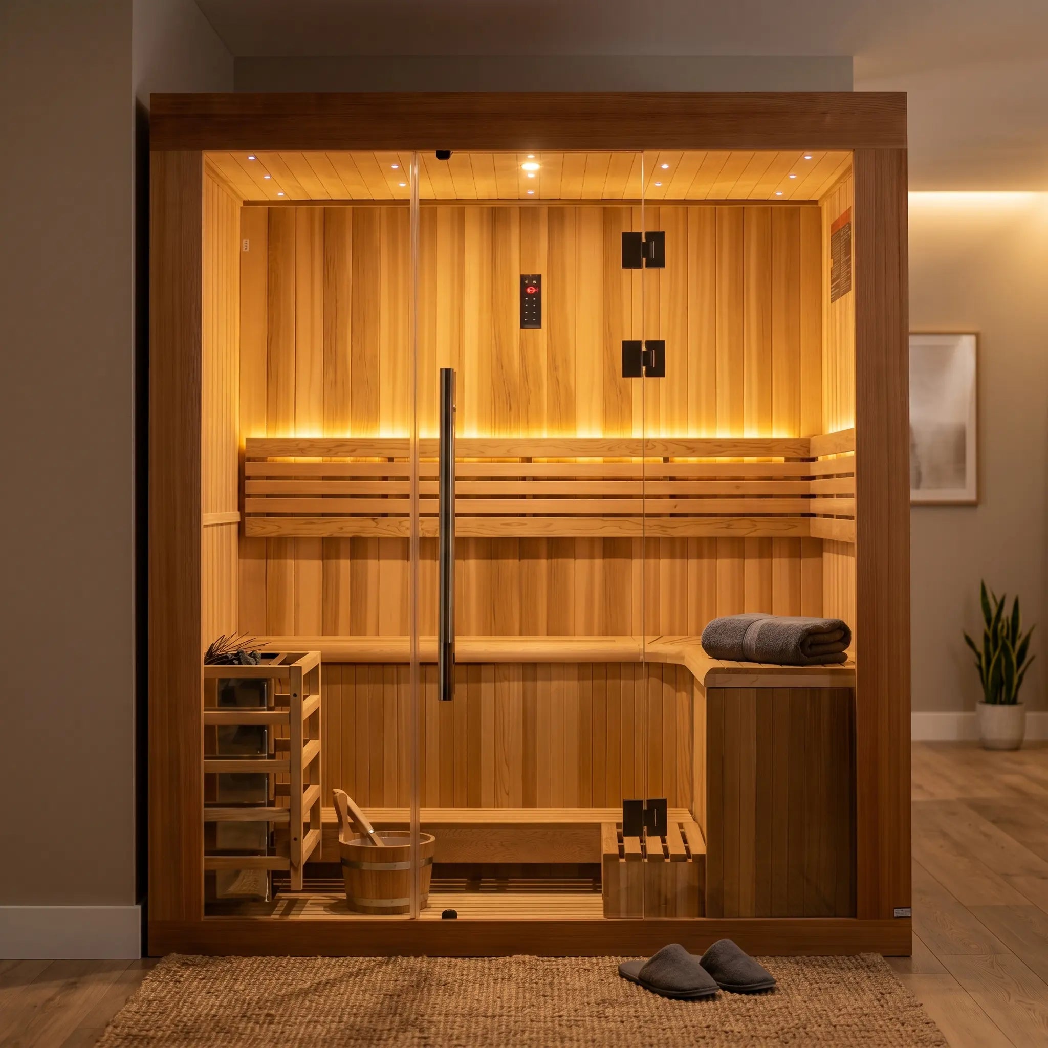 Golden Designs Copenhagen Edition 3-Person Indoor Traditional Sauna shown in a contemporary home setting