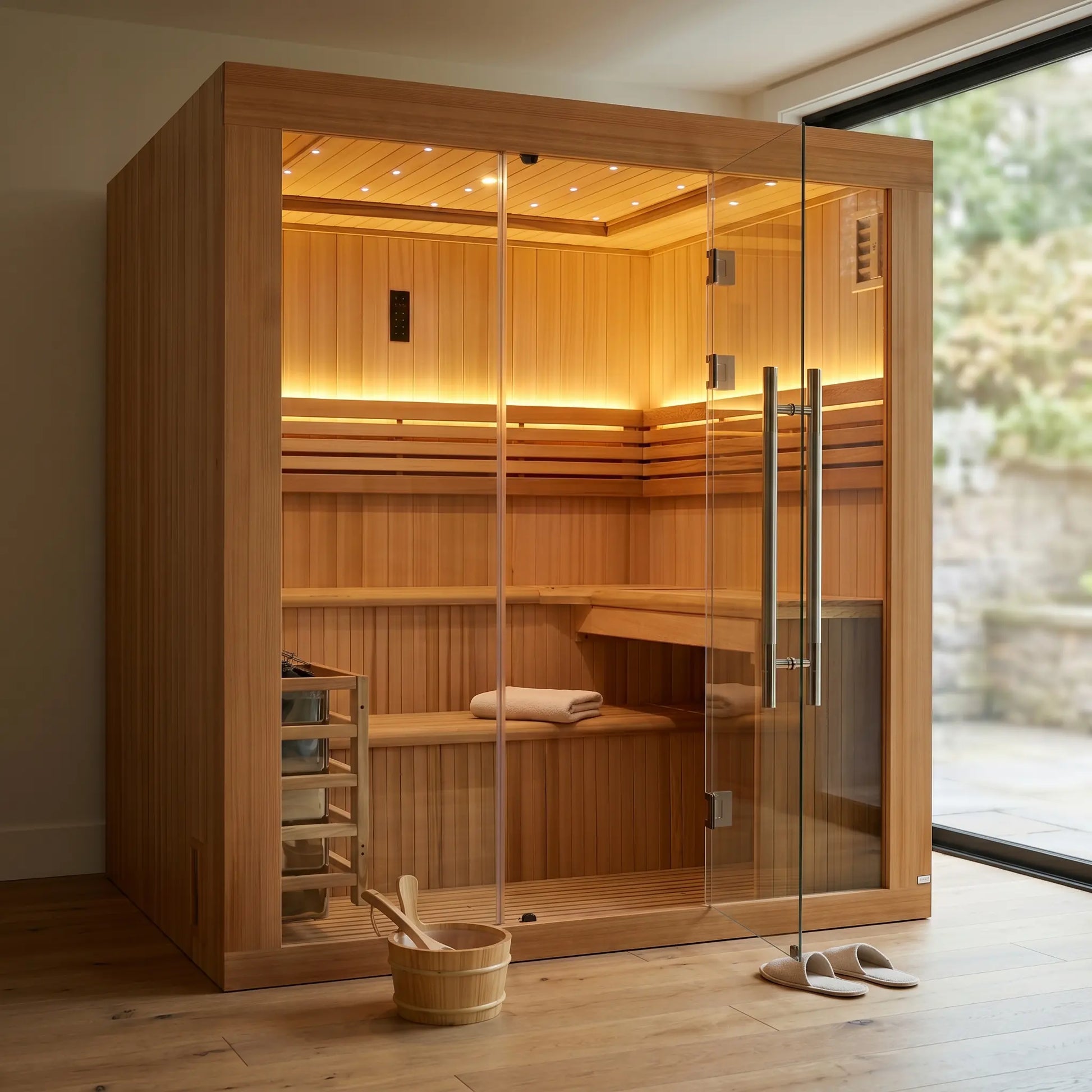 Golden Designs Osla Edition 6-Person Indoor Traditional Sauna styled in a modern home interior