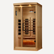 Golden Designs Reserve 1-2 person full spectrum sauna front view with bronze glass