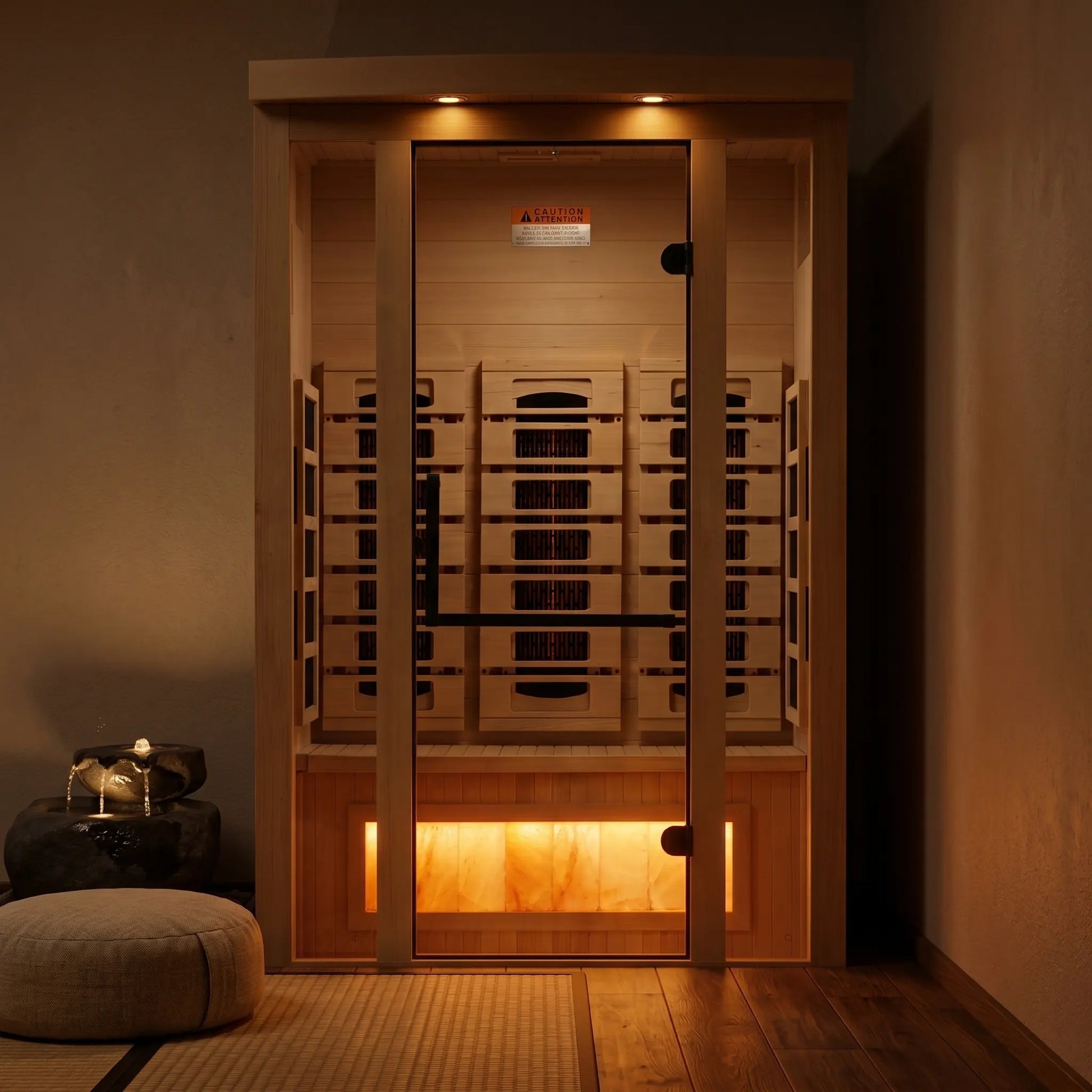 Golden Designs Reserve far infrared sauna shown at a front three-quarter angle