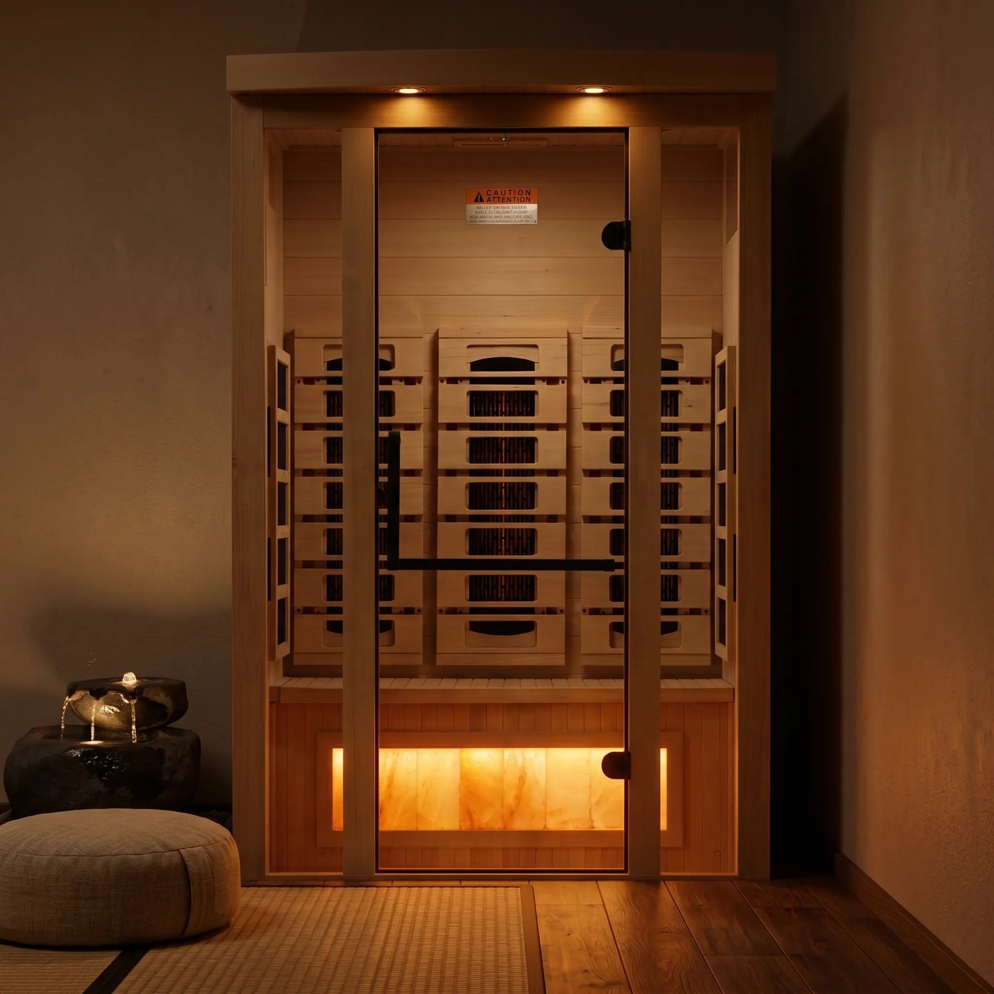 Golden Designs Reserve far infrared sauna shown at a front three-quarter angle
