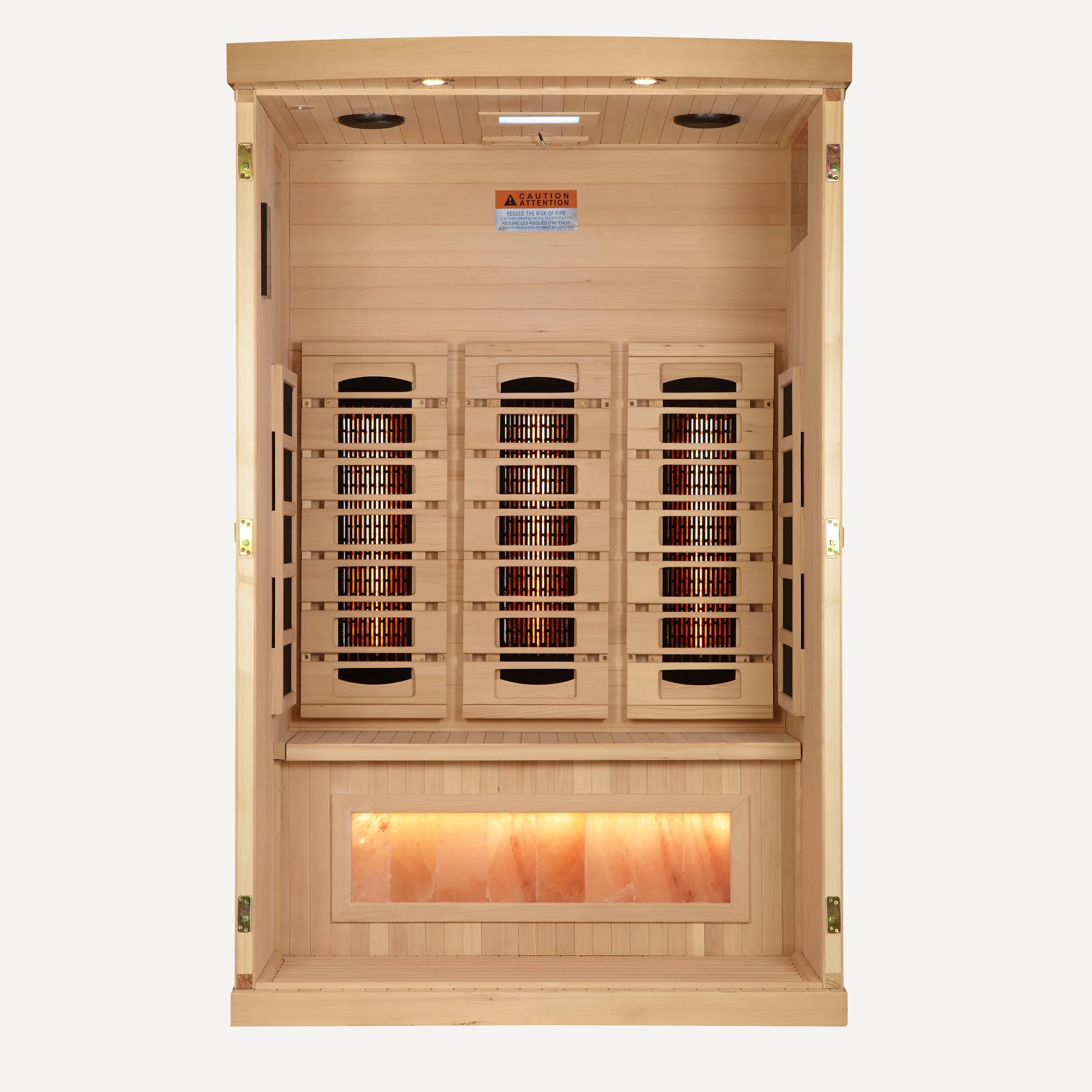 Interior of the Golden Designs Reserve infrared sauna with bench and carbon heating panels