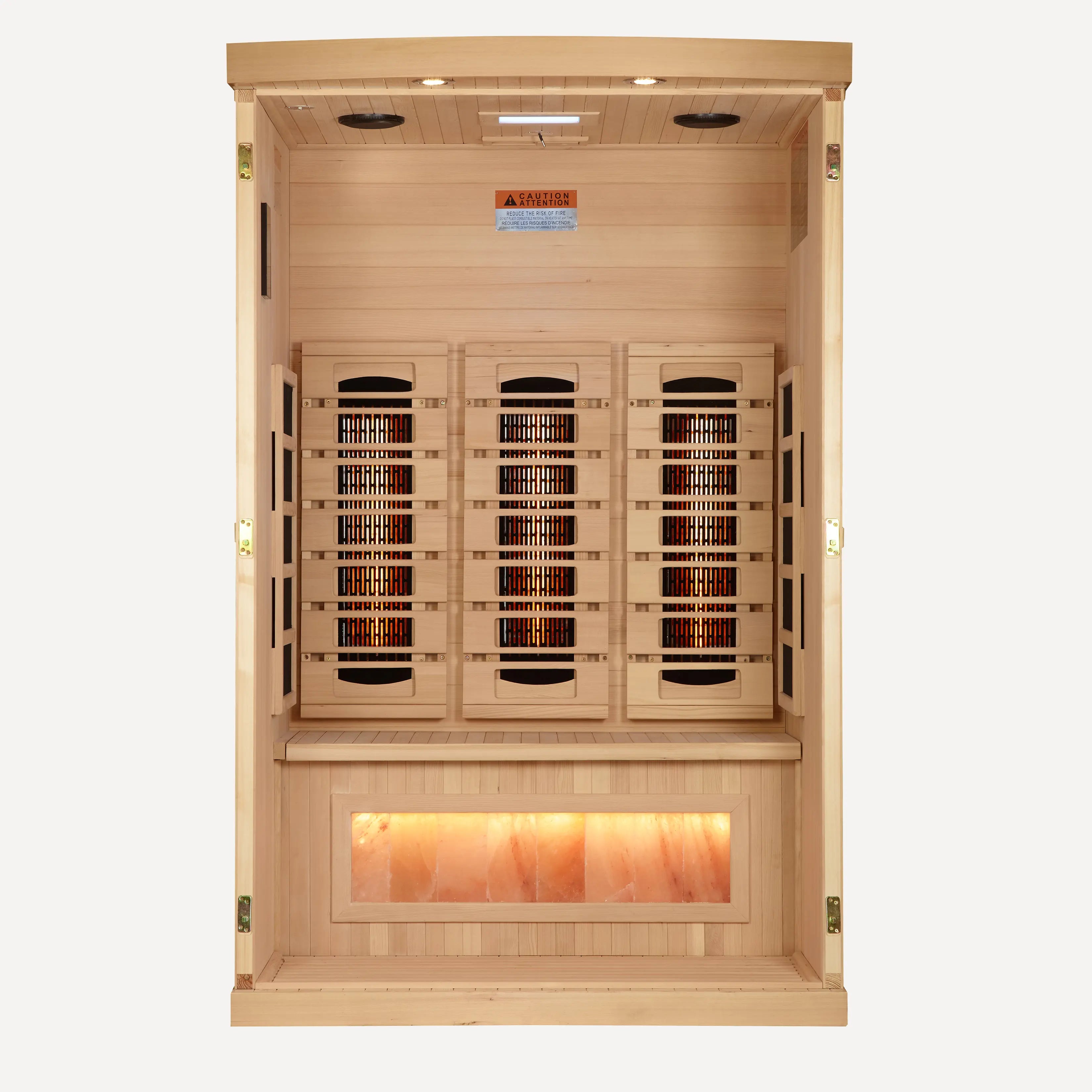 Interior of the Golden Designs Reserve infrared sauna with bench and carbon heating panels