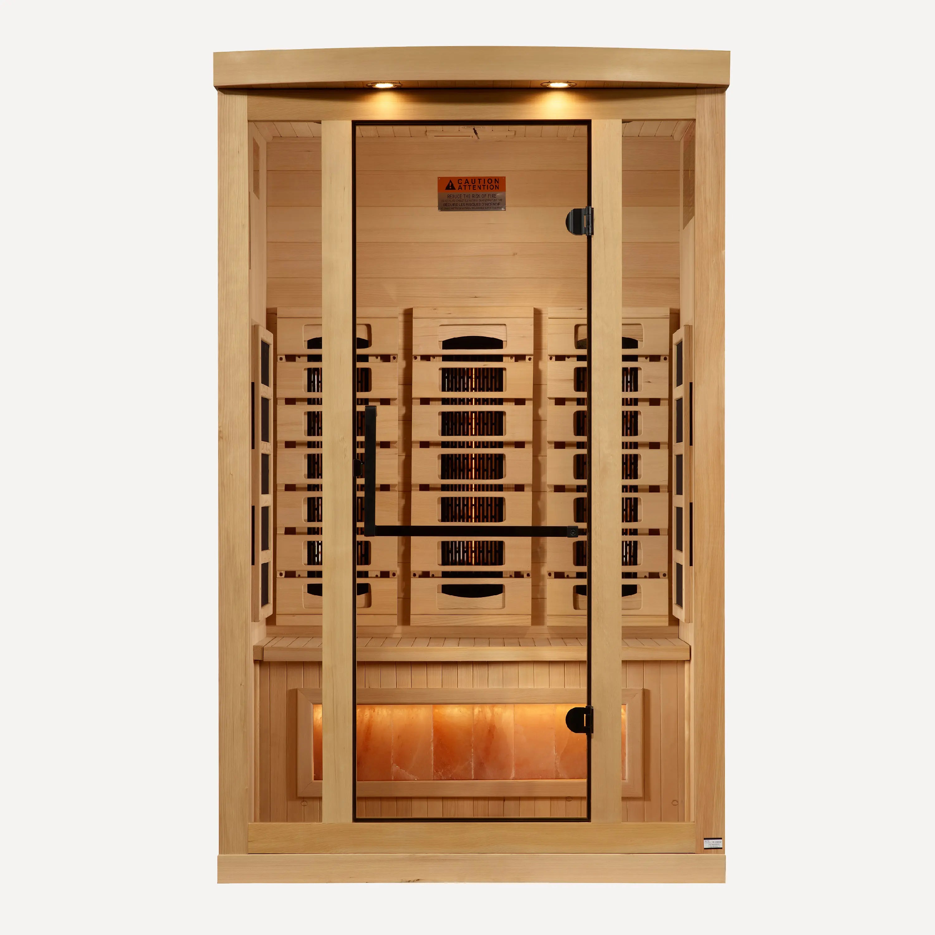 Golden Designs Reserve 2 person full spectrum far infrared sauna, front view on white background