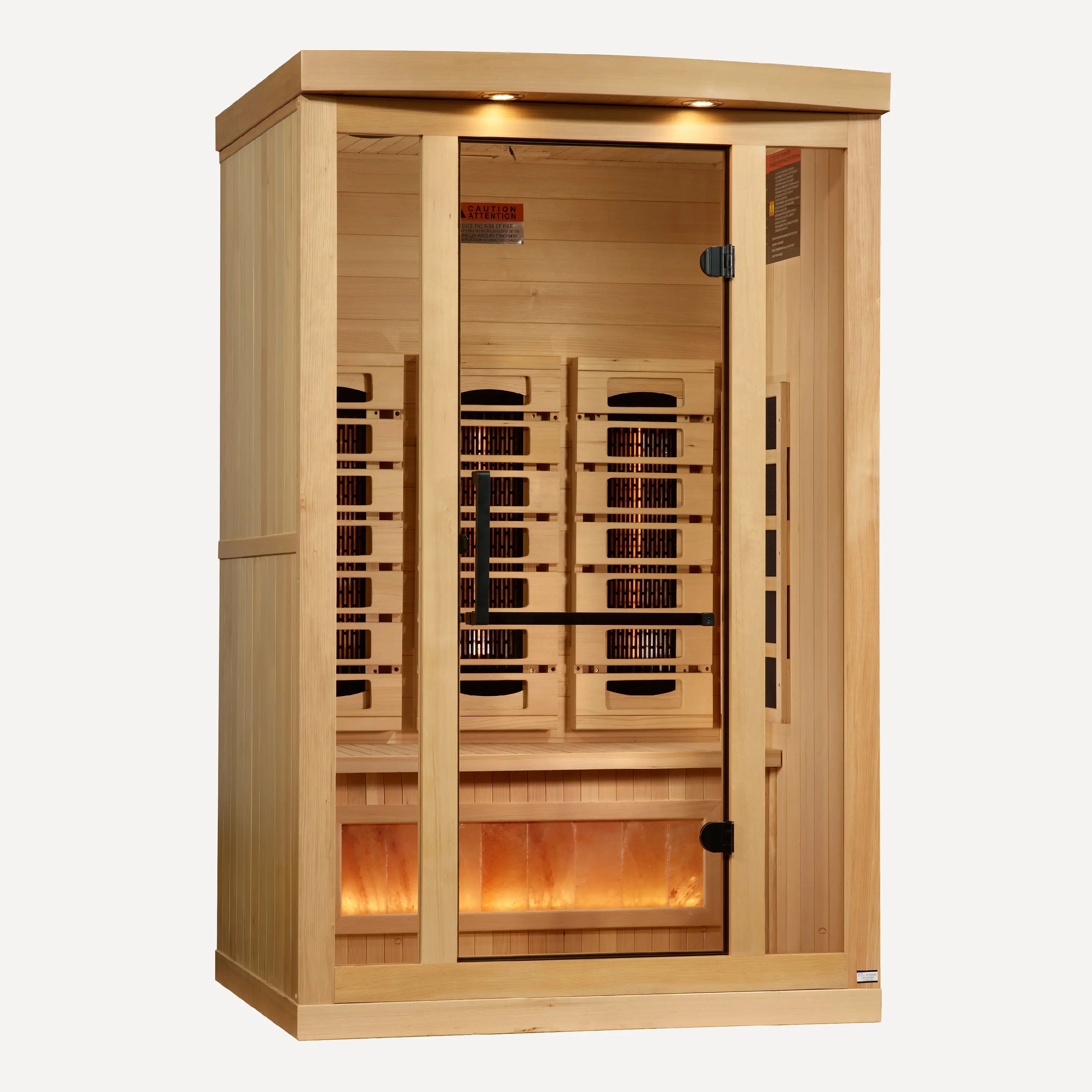 Golden Designs Reserve far infrared sauna angled view showing the glass front