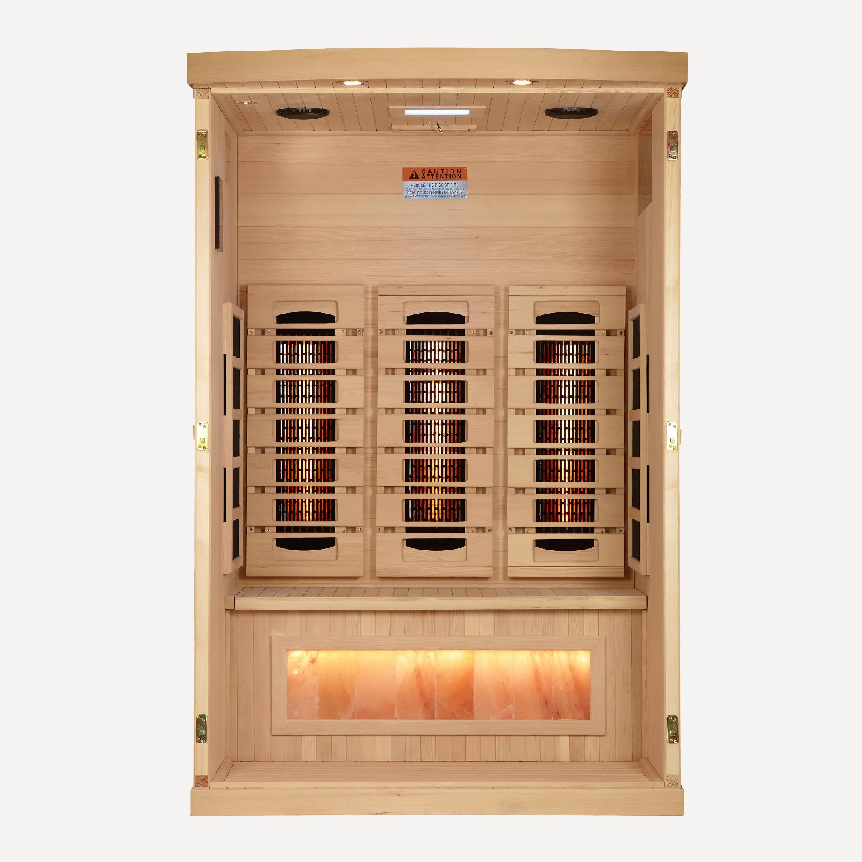 Golden Designs Reserve far infrared sauna close detail of the cabin and door