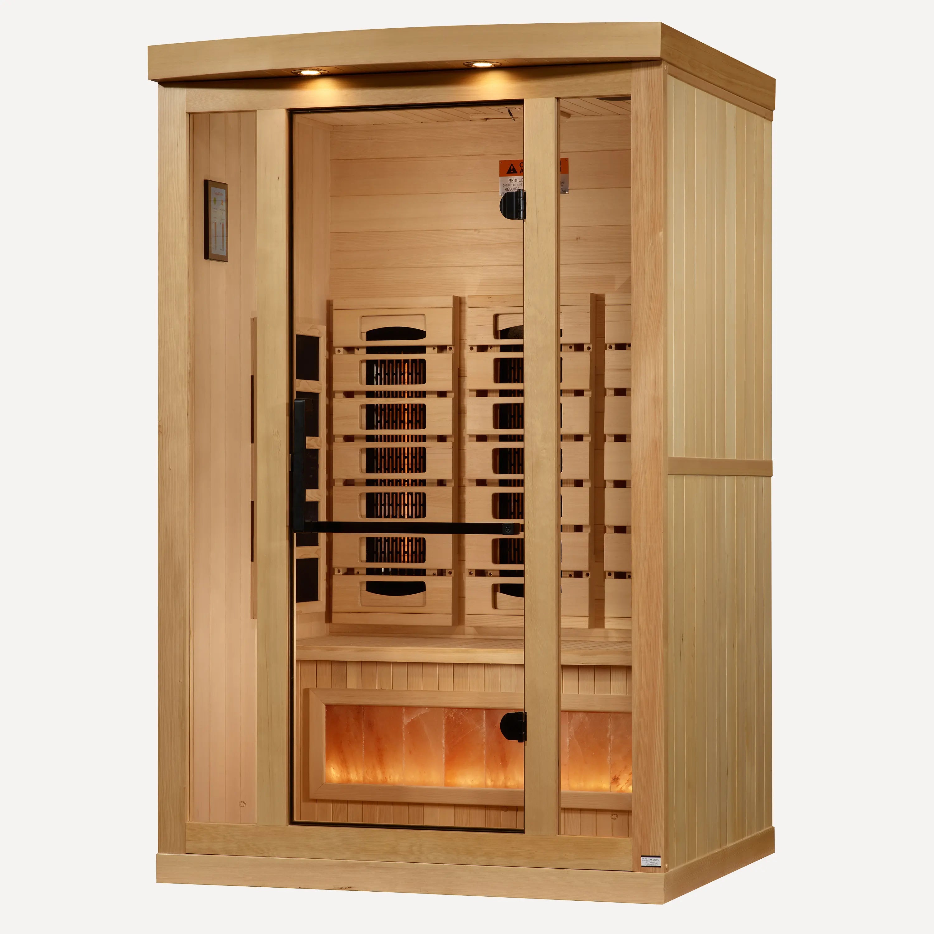 Inside the Golden Designs Reserve infrared sauna looking toward the glass door