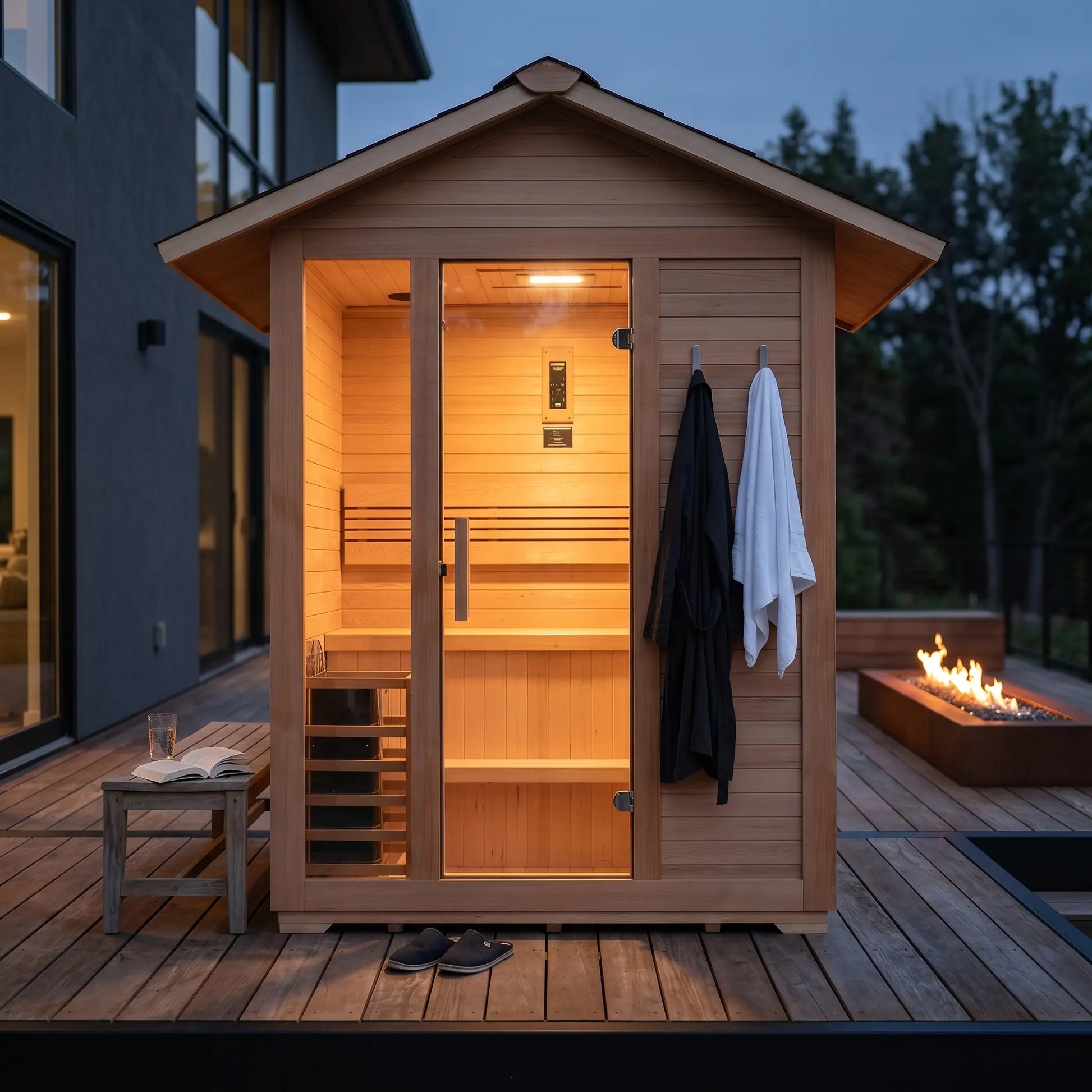 Golden Designs Arlberg 3 person outdoor traditional sauna in a backyard setting