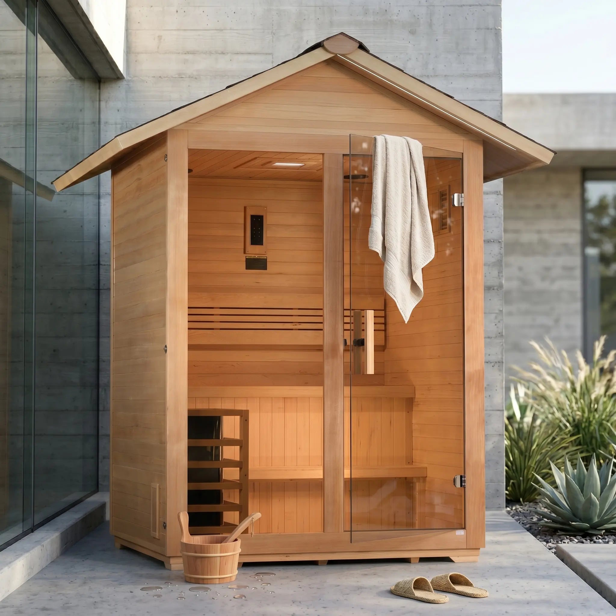 Golden Designs Arlberg 3 person outdoor traditional sauna installed on a backyard patio